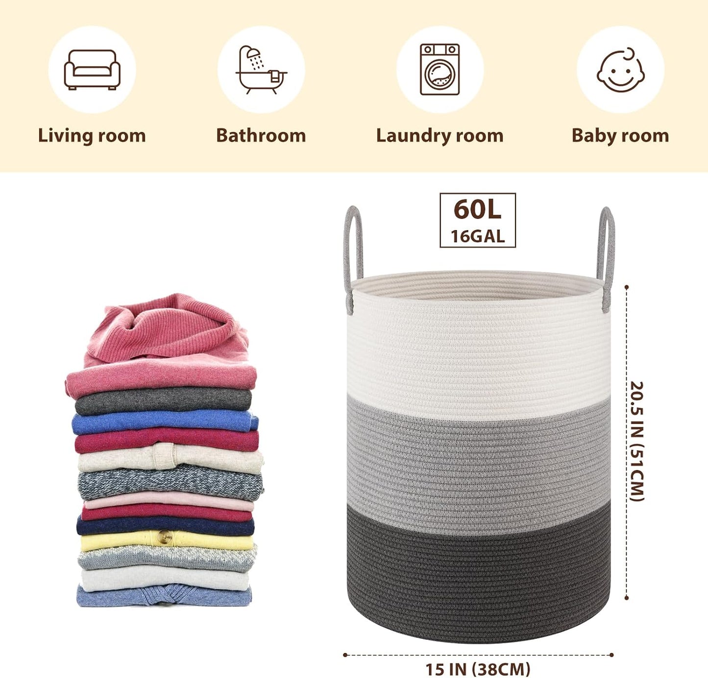 Cotton Rope Woven Basket for Blankets / Gradient Grey / 60L