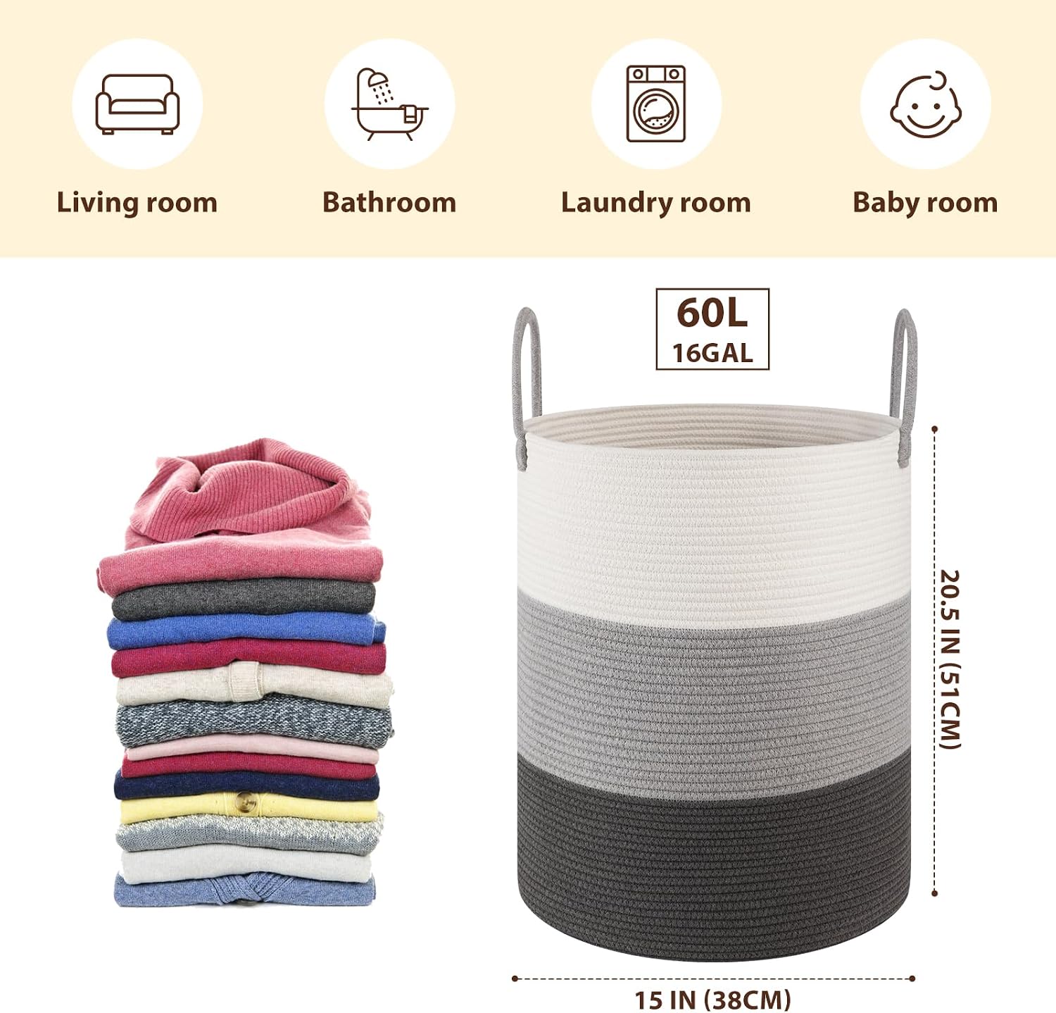 Cotton Rope Woven Basket for Blankets / Gradient Grey / 60L