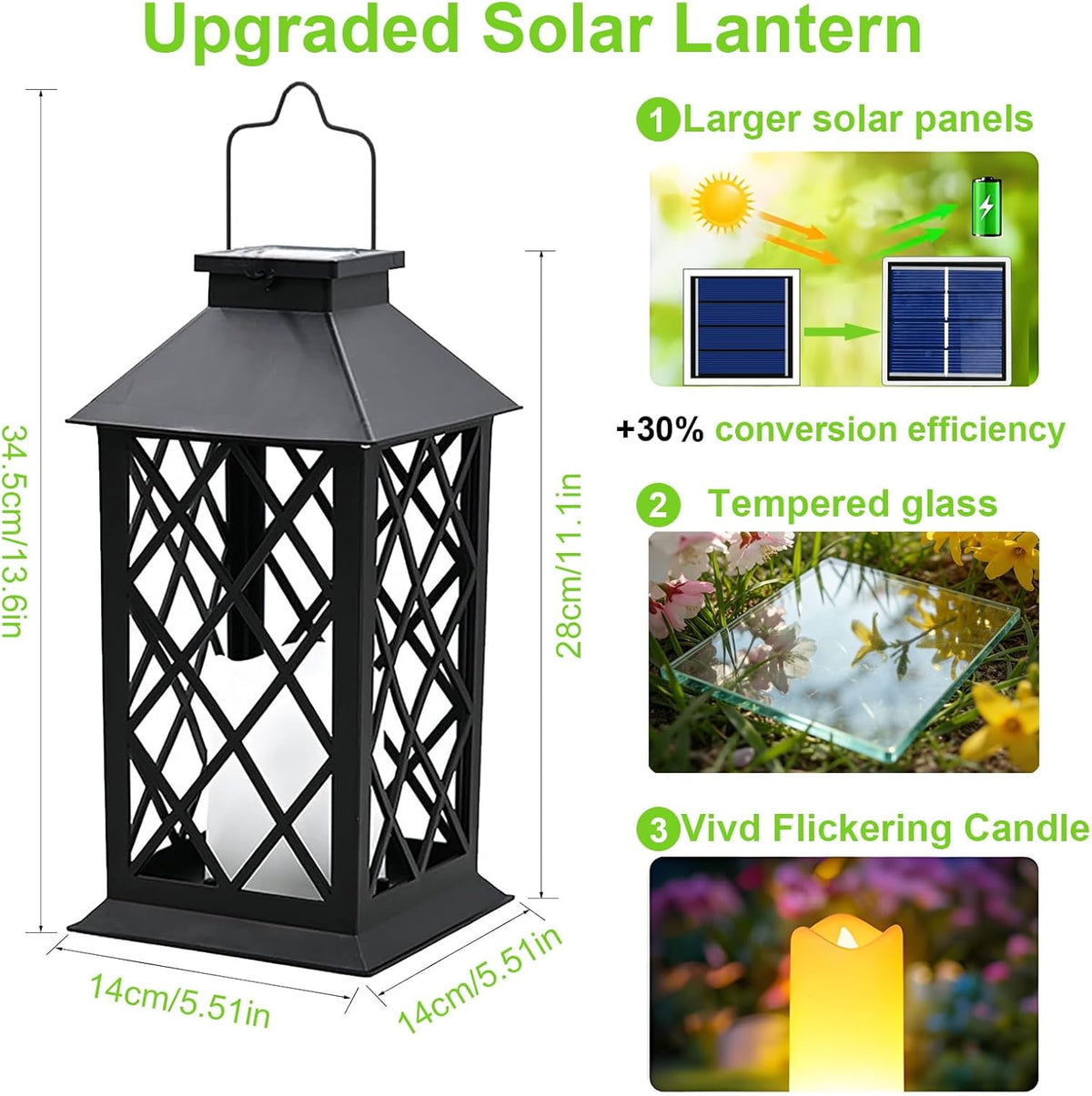 14" Large Tempered Glass Solar Lanterns Outdoor Waterproof | Black retro solar lantern with flickering flameless