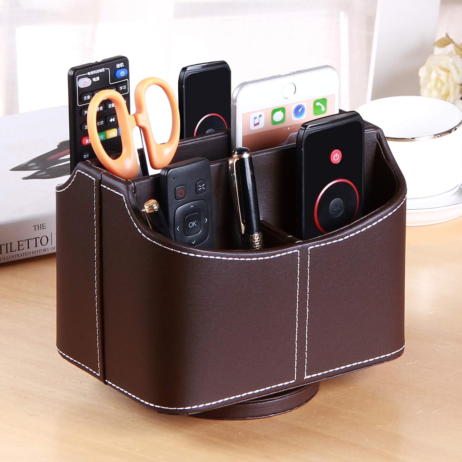 Remote Control Holder PU Leather 360 Degrees Rotatable Desktop Supply Organizer Storage / A Brown