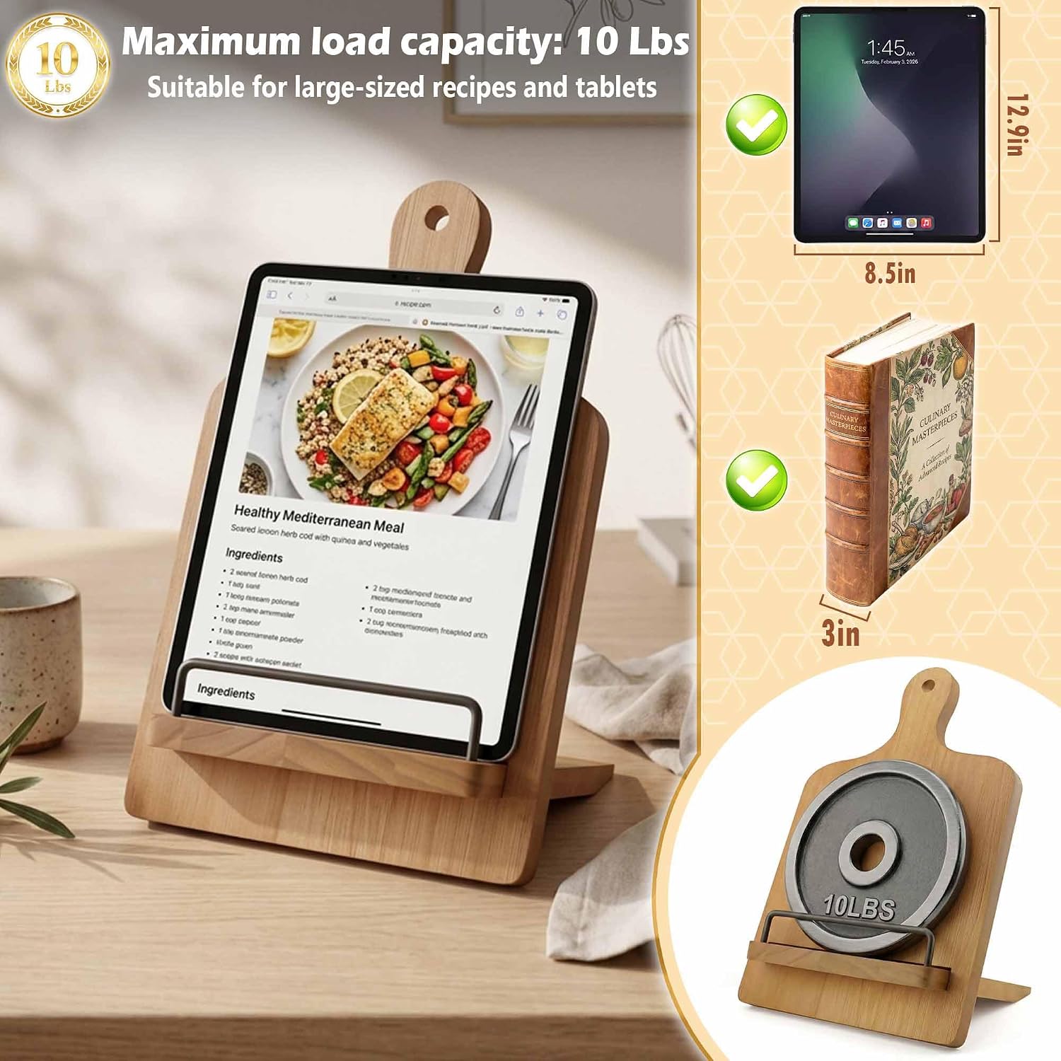 Brown Wood Cookbook Stand Holder: Adjustable Rest for Kitchen Counter | Counter top Cooking, Holds Thick Books, Fits