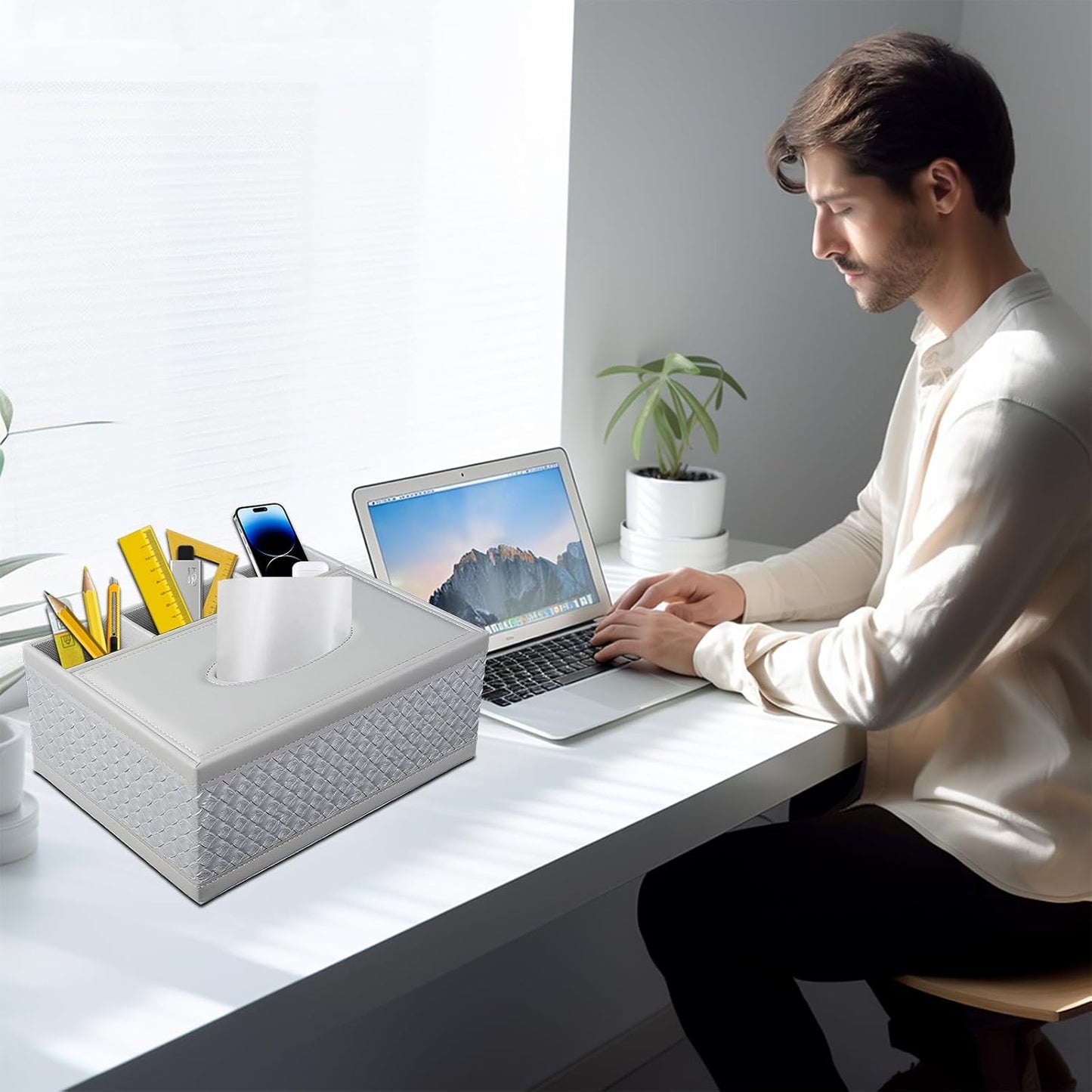 Tissue Box Cover Rectangle White Kleenex Box Holder PU Leather Facial Tissue Organizer,Multifunctional Remote Control