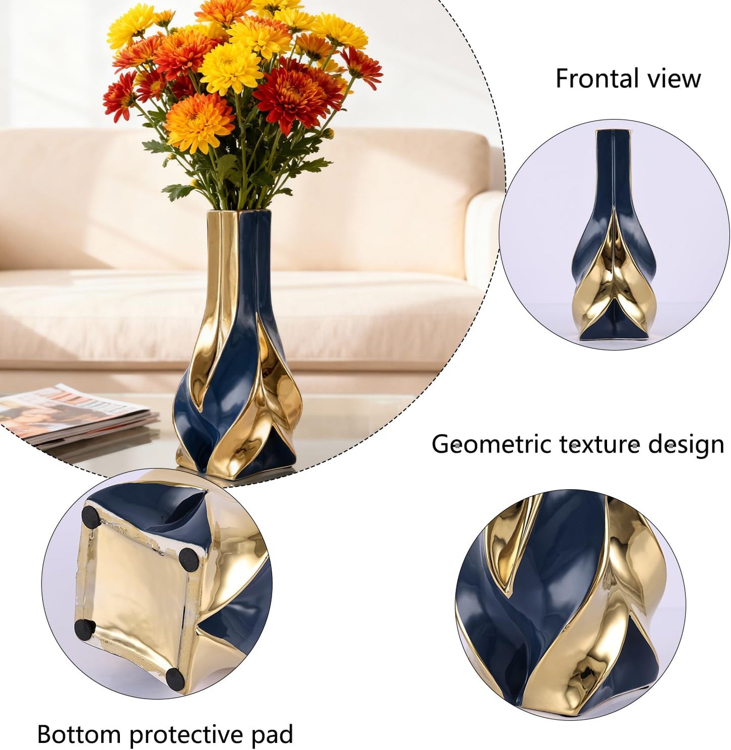 10.6" Blue and Gold Ceramic Vase / Blue Gold