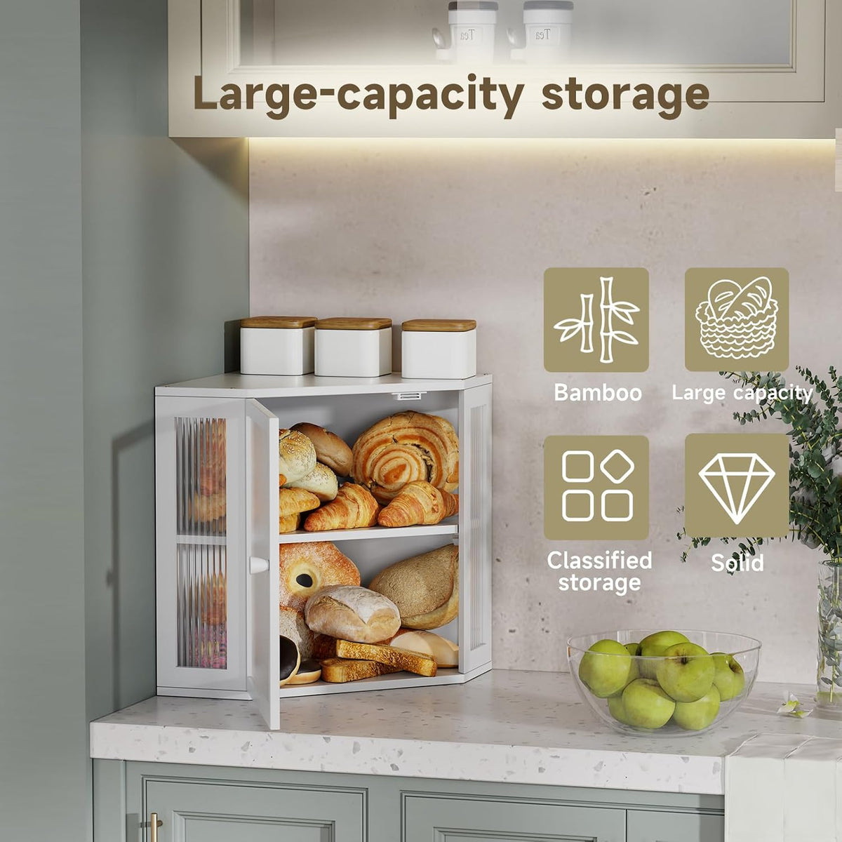 Corner Bread Box for Kitchen Countertop,Bread Storage Bin (White, Medium) | Double Layer Large Capacity Bamboo Bread