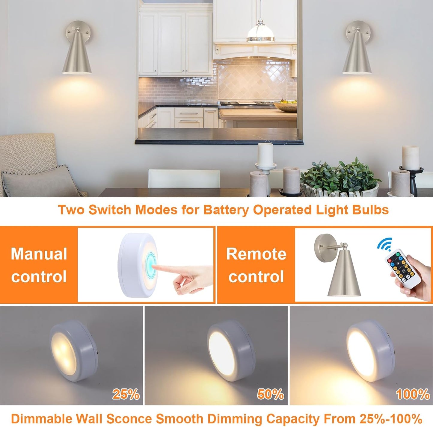 MWZ Brushed Nickel Battery Operated Wall Sconces Set of Two,Wireless Lighting with Remote Control, Modern Dimmable 2