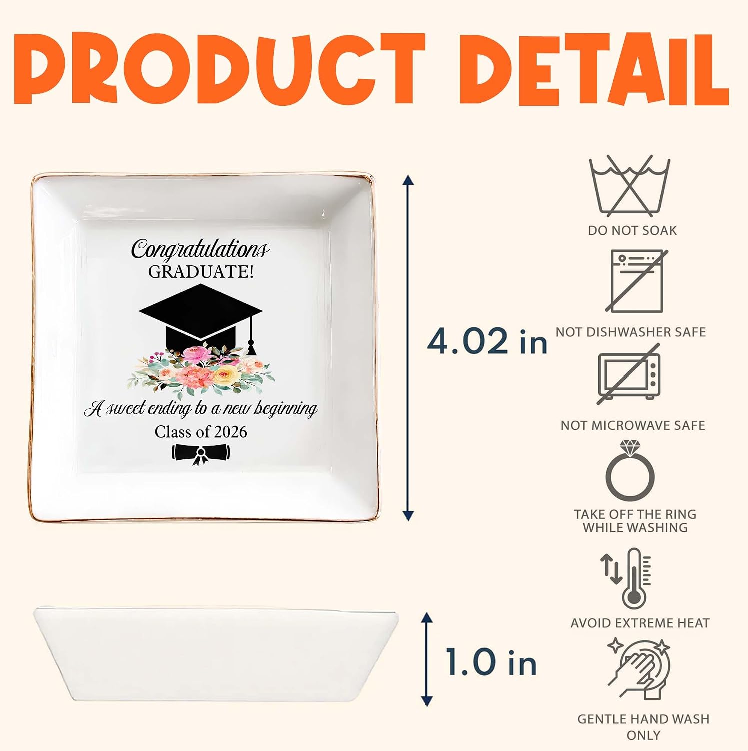 Cap & Flowers Graduate 4" Ceramic Jewelry Dish / Graduation