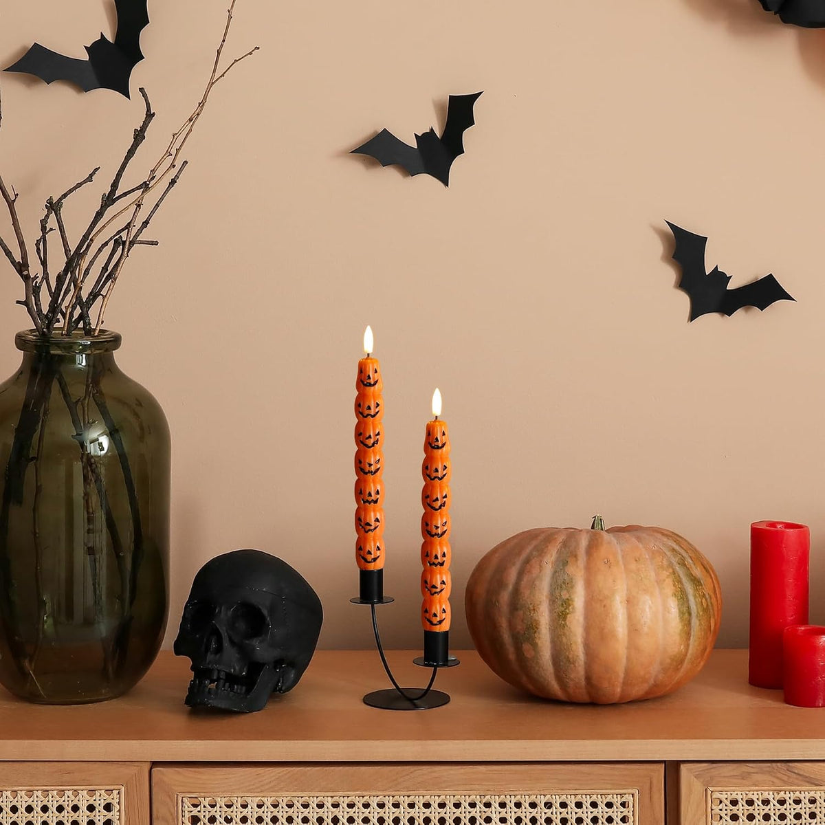 Orange Pumpkin Halloween Flameless Taper Candles with Remote | Spooky Flickering LED Wax Candlesticks, 2 AAA Battery