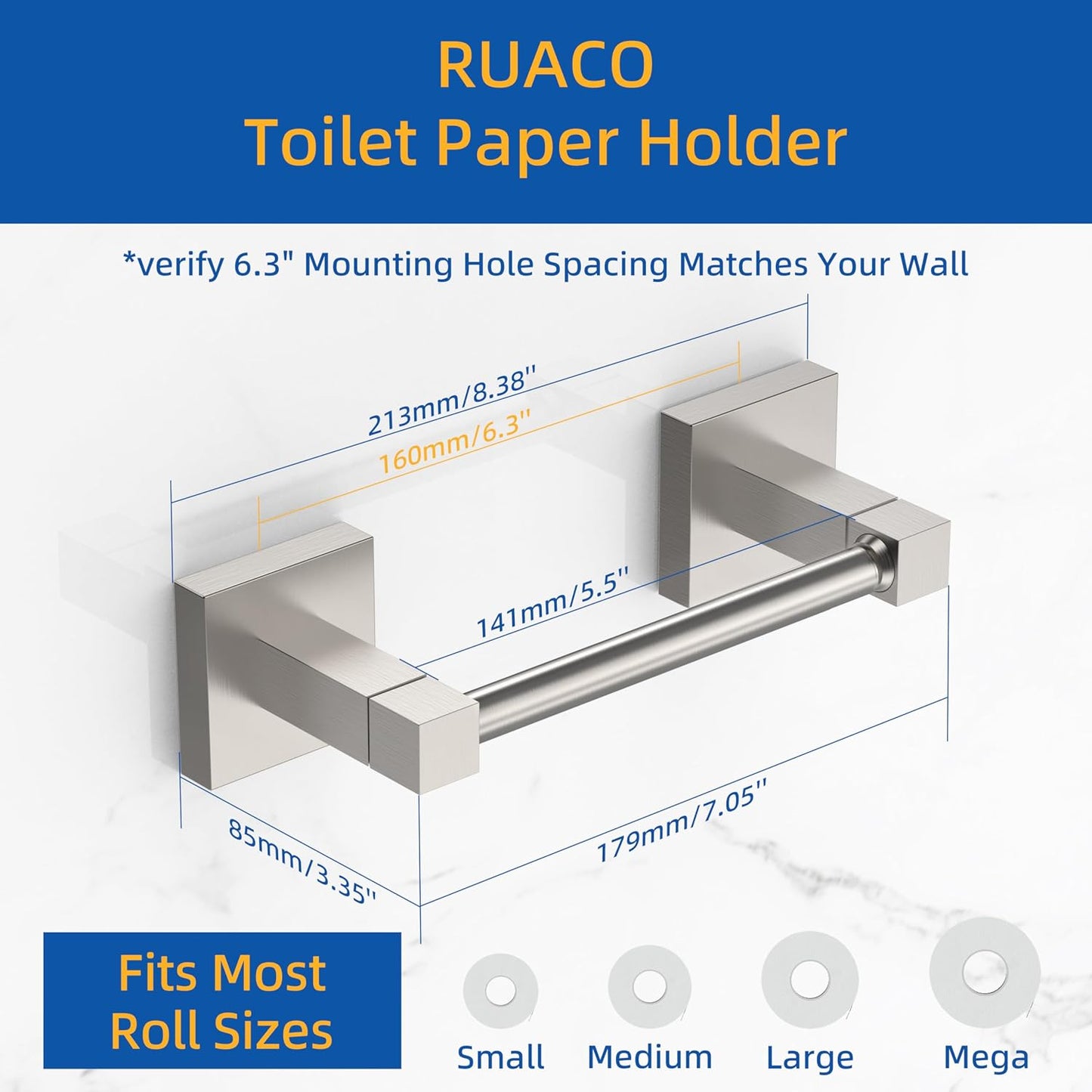 RUACQ Brushed Nickel Toilet Paper Holder Wall Mount for Bathroom | Dual-Post Pivoting Tissue Roll Holder with Square