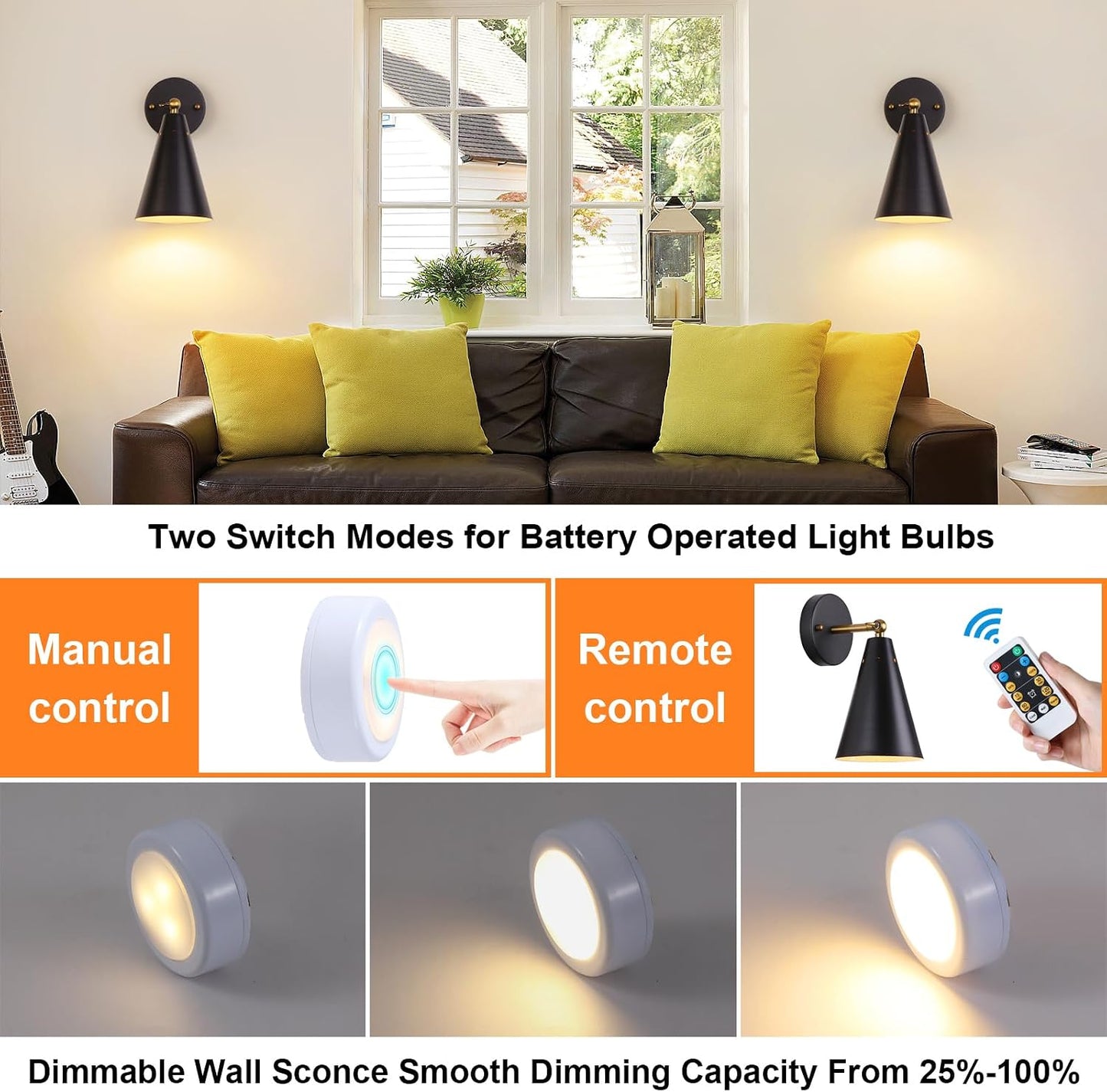 MWZ Black Battery Operated Wall Sconces Set of Two,Wireless Indoor Lighting with Remote Control, Modern Dimmable 2