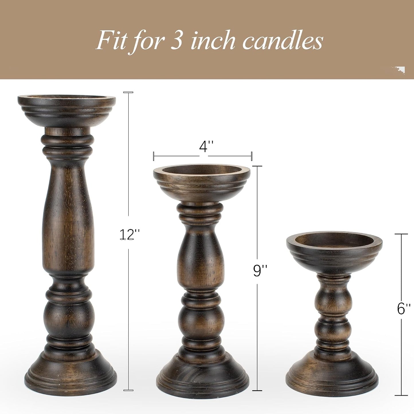 BANOMII Farmhouse Wooden Candle Holders for Pillar Candles Set of 3, Rustic Wood Candle Holder Table Centerpiece Decor