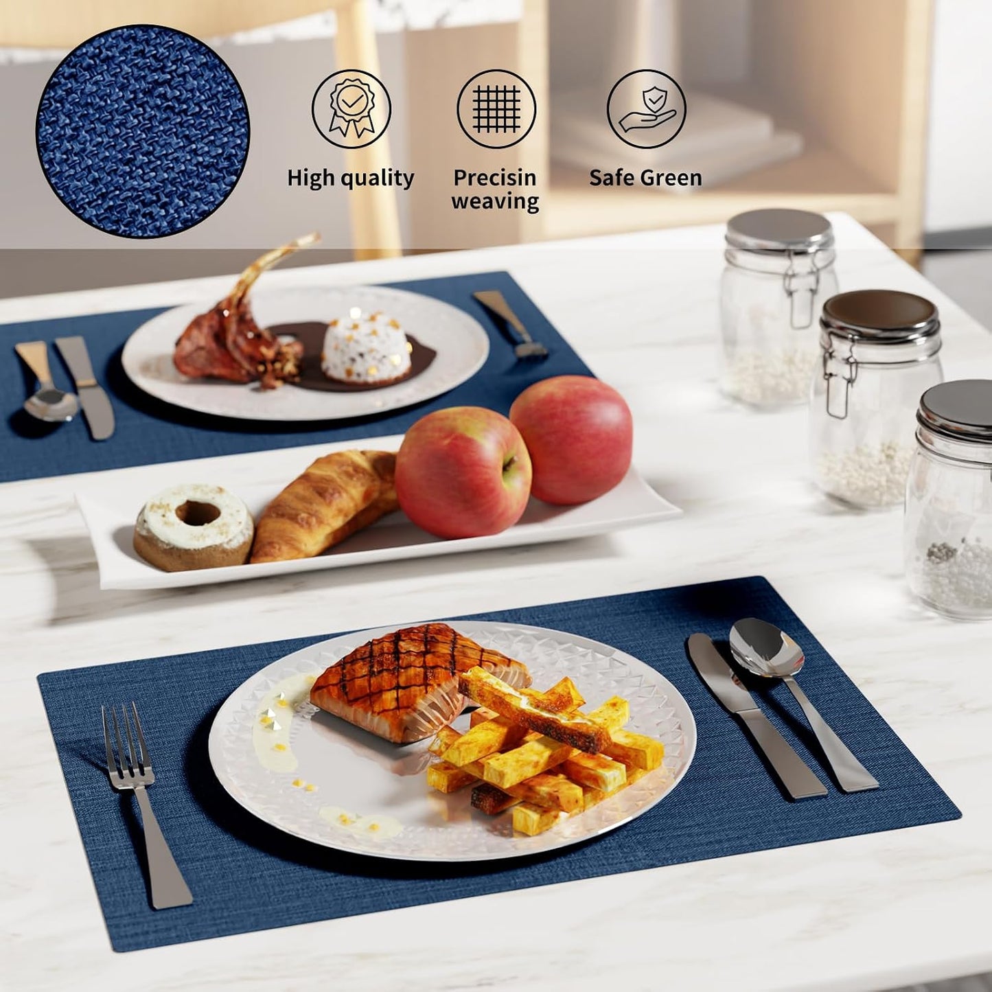 Cloth Placemats, Set of 6 Heat-Resistant Cotton Linen Blend Double Layered Machine Washable Place Mats, Wrinkle Free