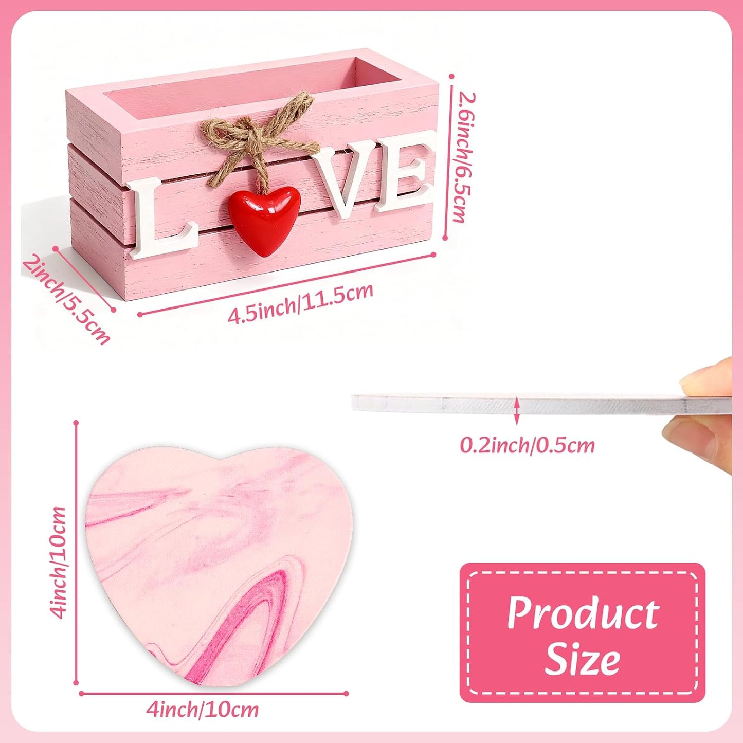 Holder / Heart Wooden Cup Coasters / Pink Heart Wooden Coasters / Set of 6