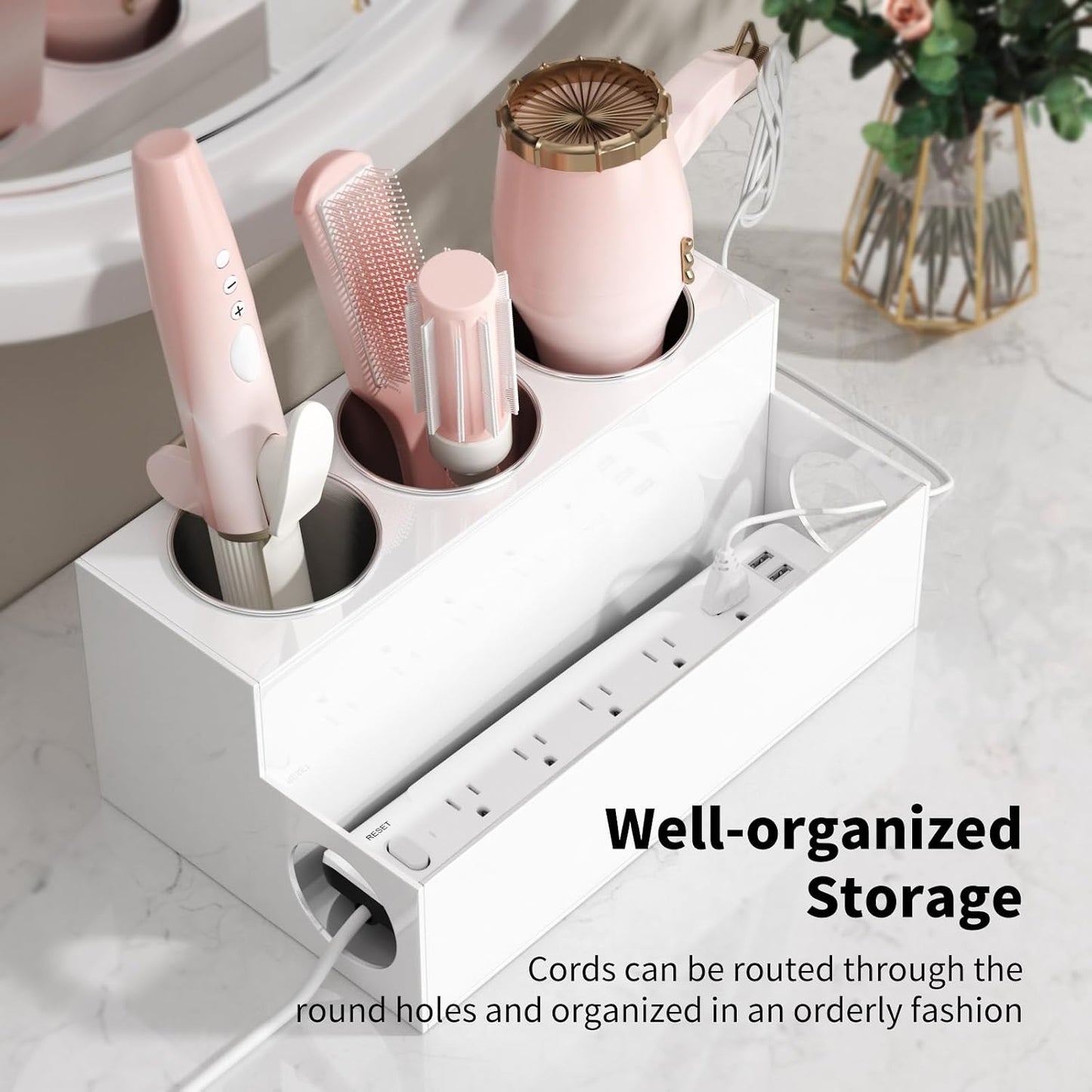 NIUBEE Acrylic Hair Tool Organizer,Hair Dryer Holder Countertop with 3 Cups | White, Hot Tools Organizer, Hair Blow