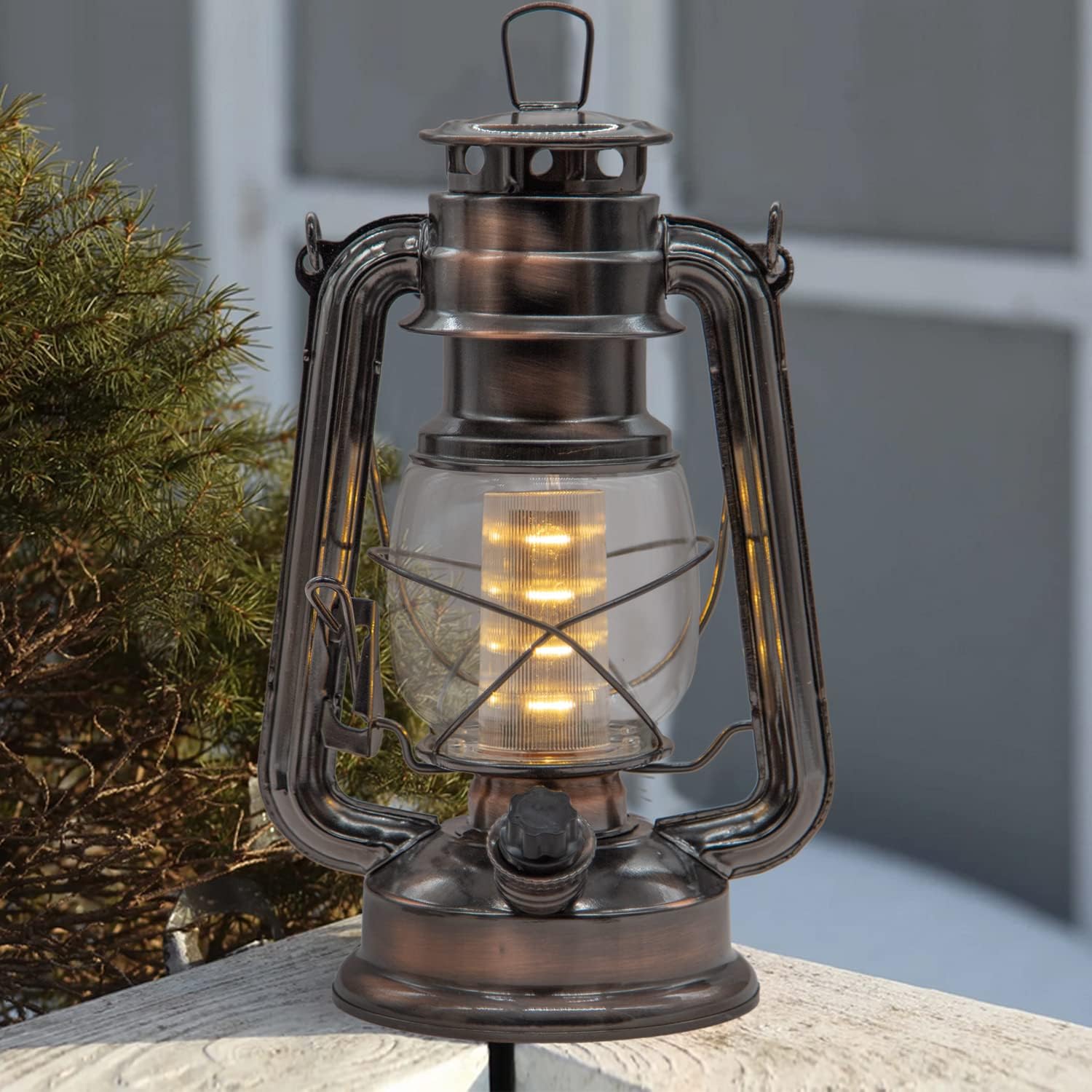 YAKii LED Vintage Lantern Metal Hanging Hurricane 12 LED Dimmer Switch Warm White Battery Operated Power Outage Indoor