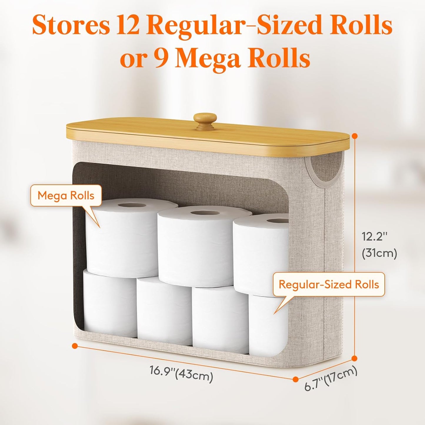 Lifewit Toilet Paper Storage Holder, Large Stand Basket, 23L, Beige | 9 to 12 Rolls, Large Paper Stand with Bamboo Lid