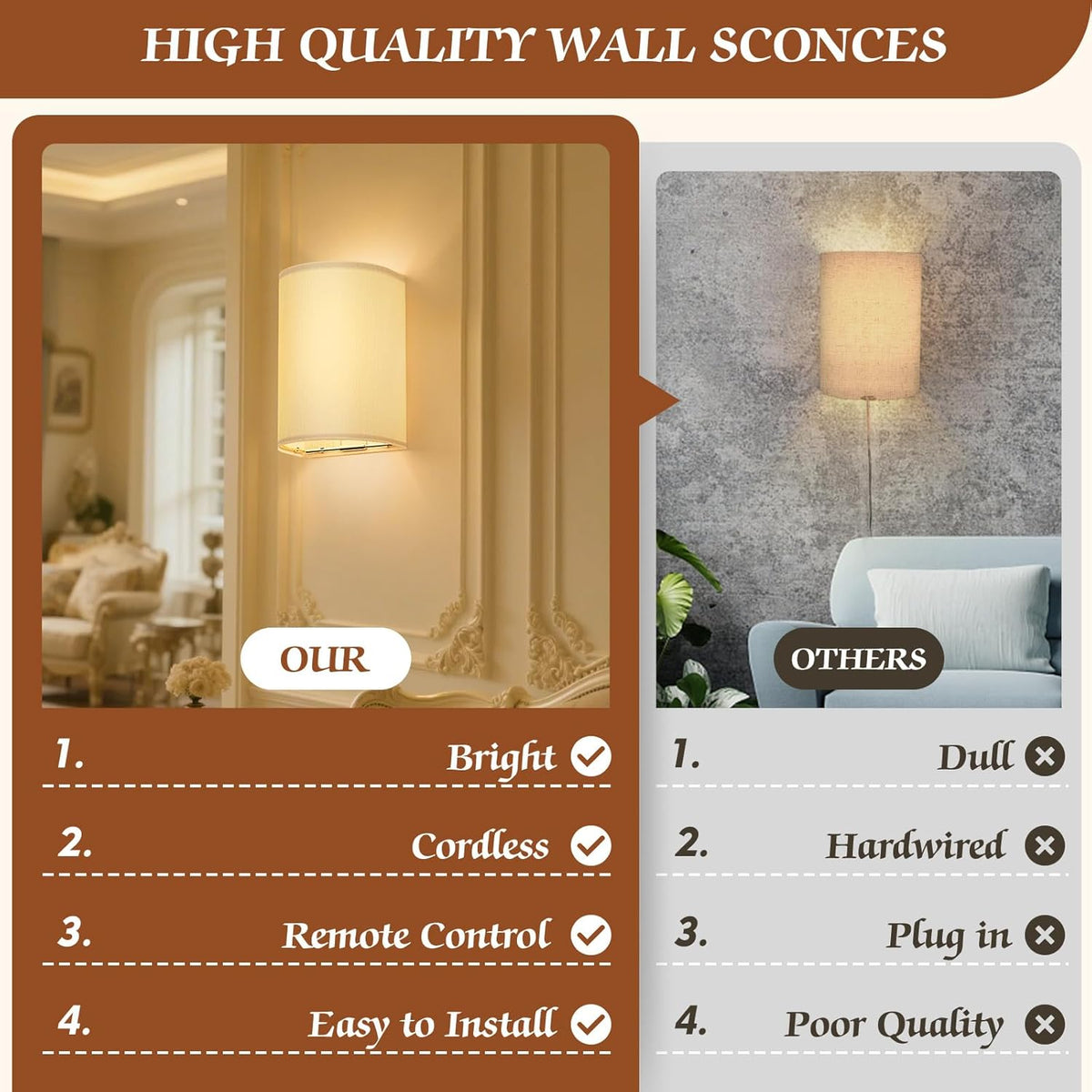 OCATO Wall Sconces Battery Operated Wireless Wall Sconces Set of Two | Battery Operated Magnetic Lamp Rechargeable
