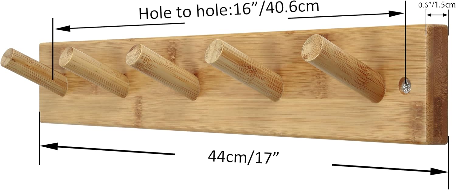 SKOLOO Coat Rack Wall Mount 17 inch, 5 Hooks, Bamboo, Shaker Style, Natural | Wooden hooks for wall, painted finish