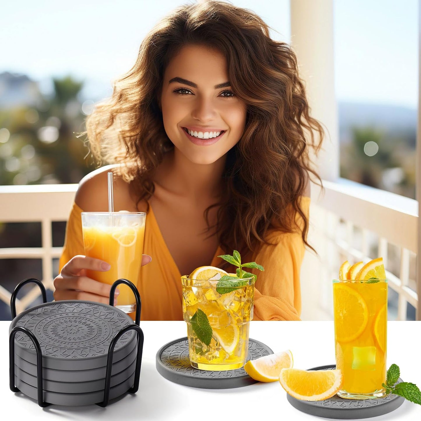 Holder Absorbent Stone Drink Coasters Instant Drying Tray for Tabletop / Black / Set of 4