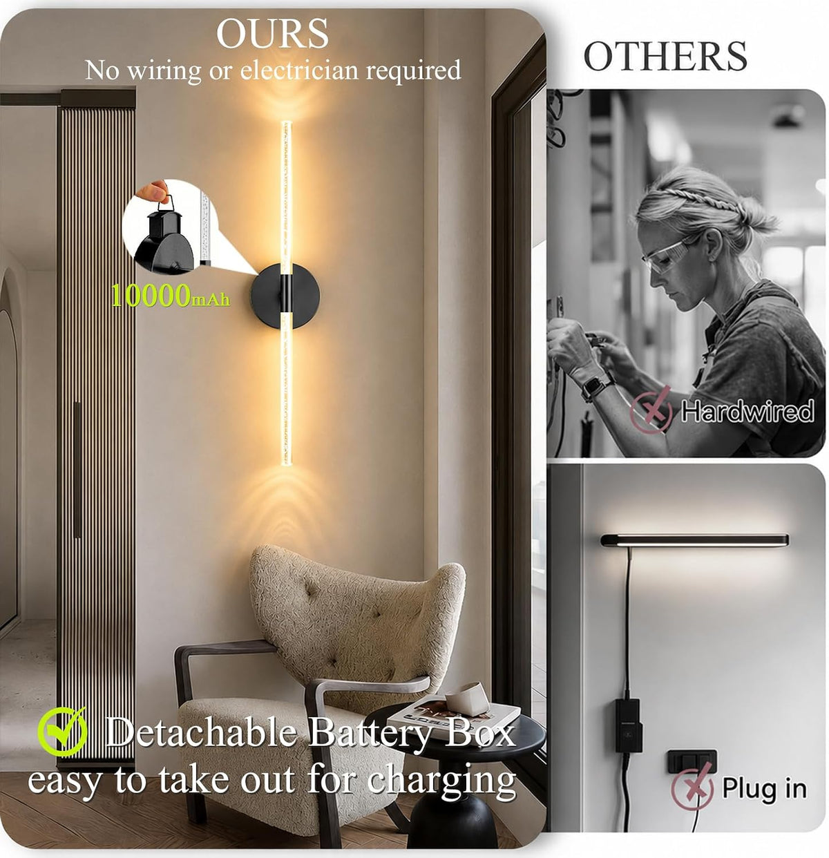 10000mAh Battery Operated Wall Sconce Lights Set of 2(Black,Bubble Crystal) | Rechargeable Wireless Wall Lights, Touch