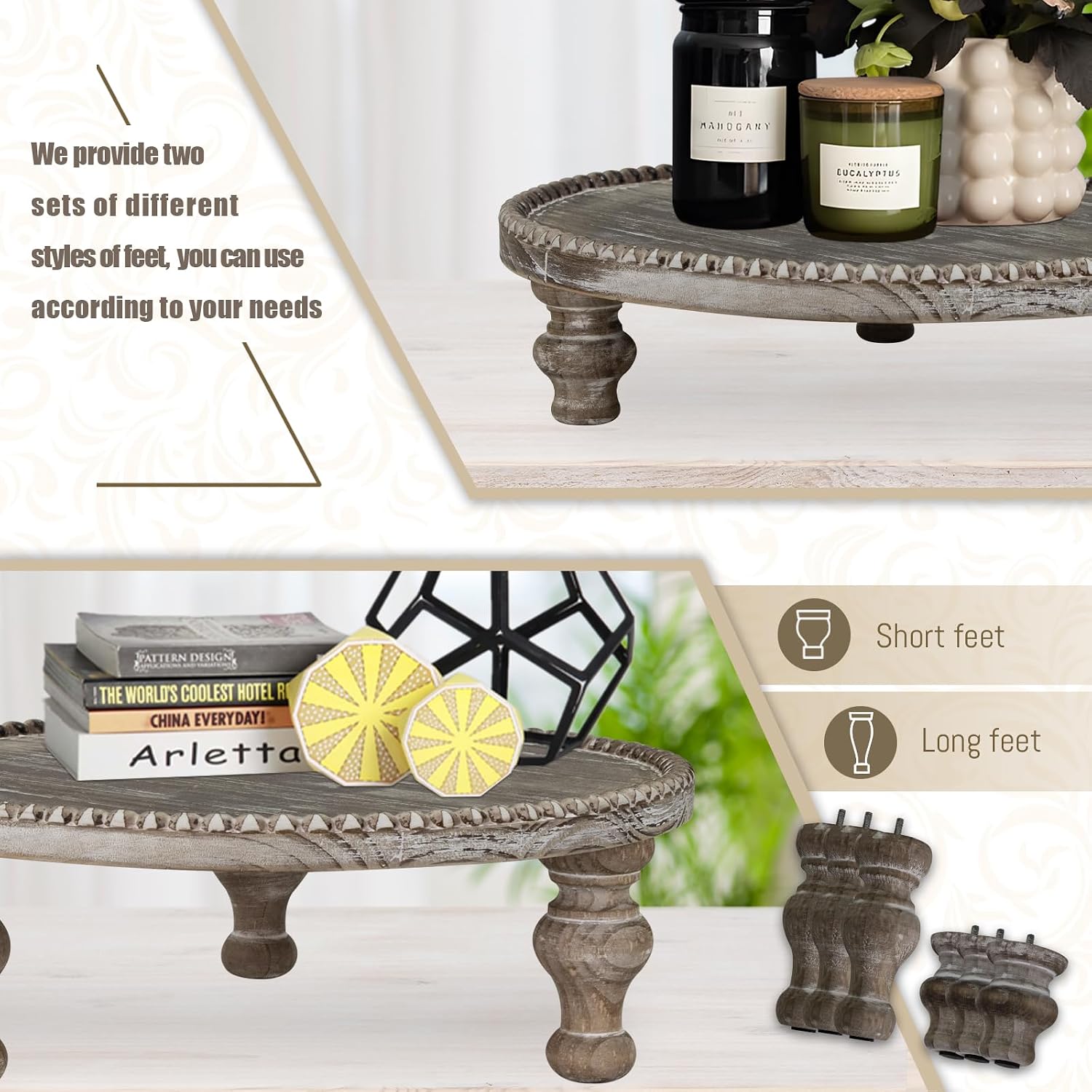 Decorative Pedestal Stand / Round Beaded Pedestal - Natural Wood