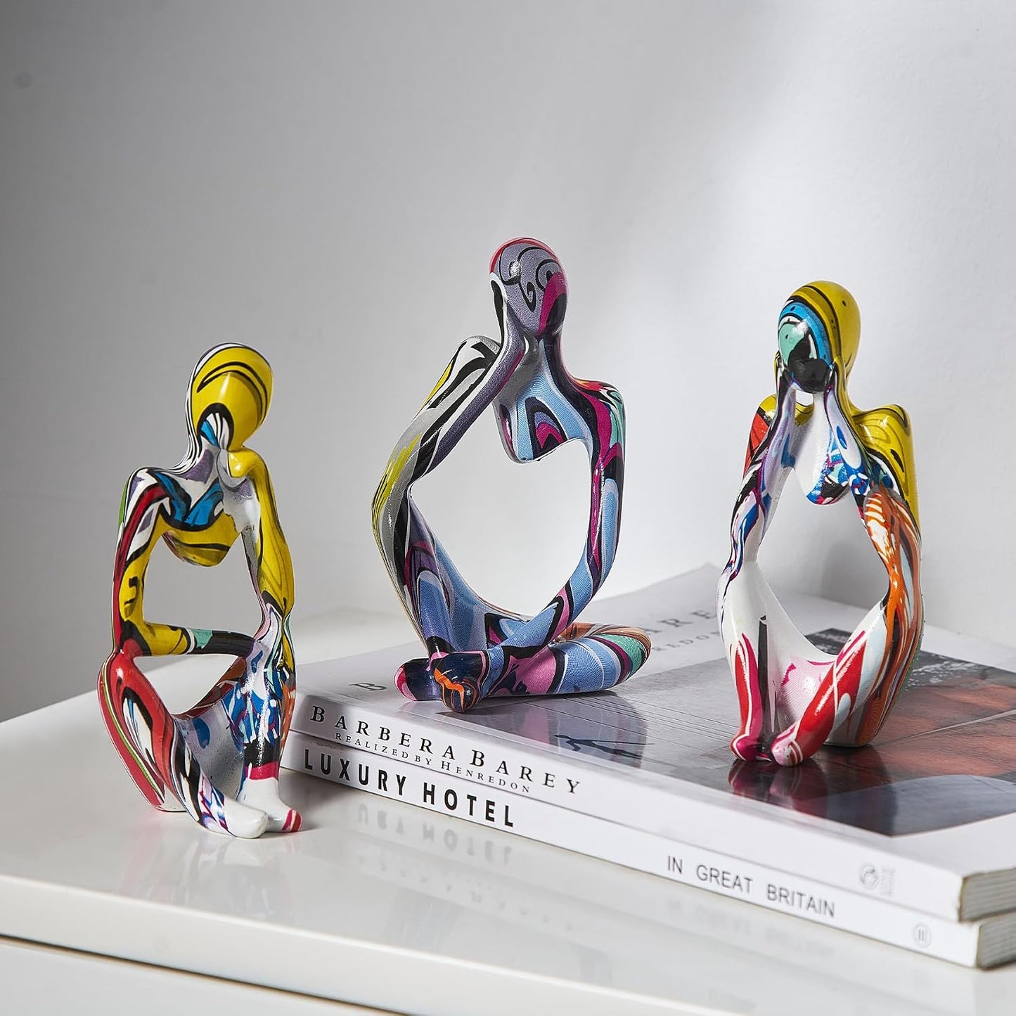 Handmade Art Figurines / Colorful Thinker Statue / Set of 3