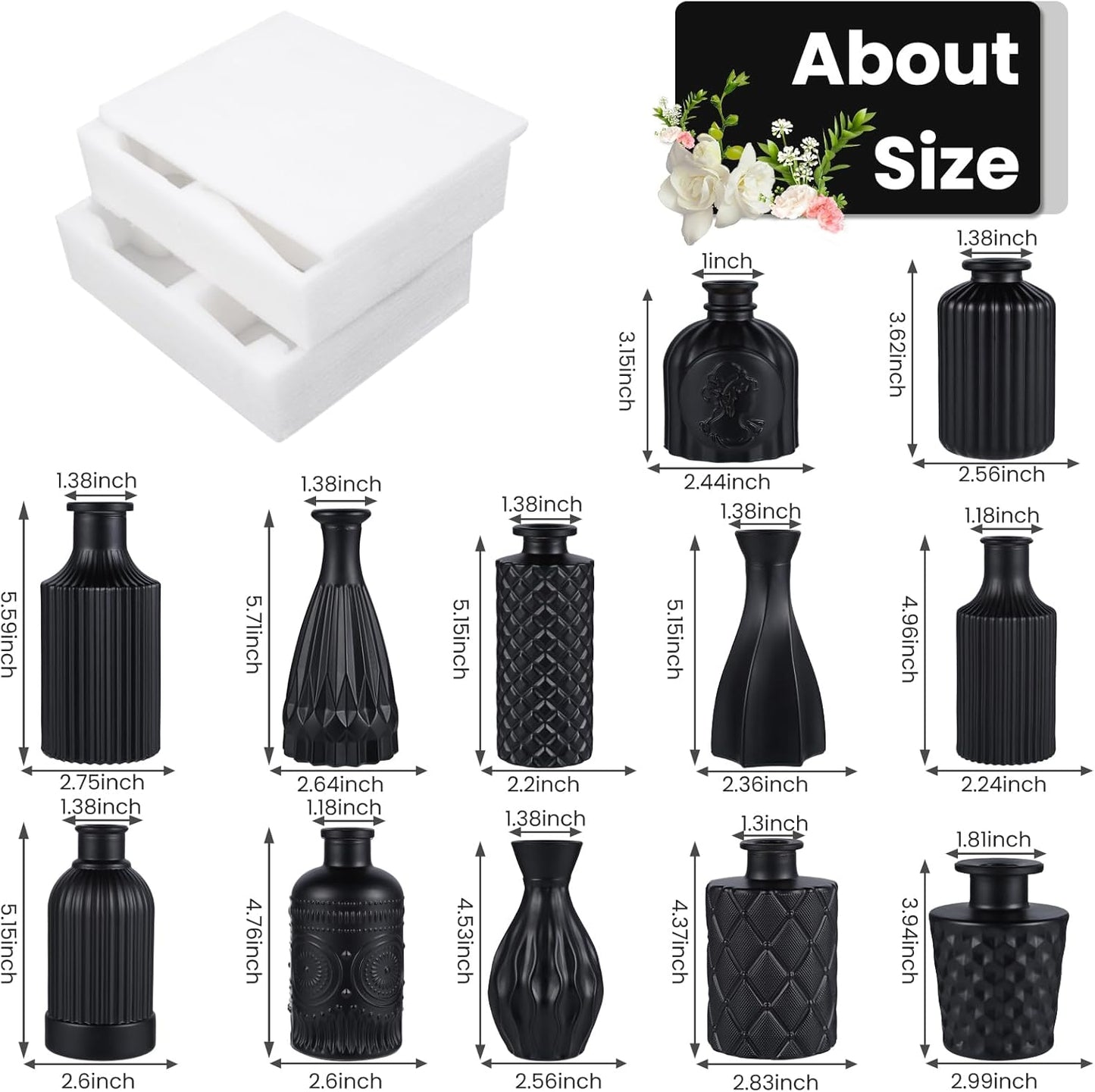Glass Bud Vases Set / Black / Set of 12