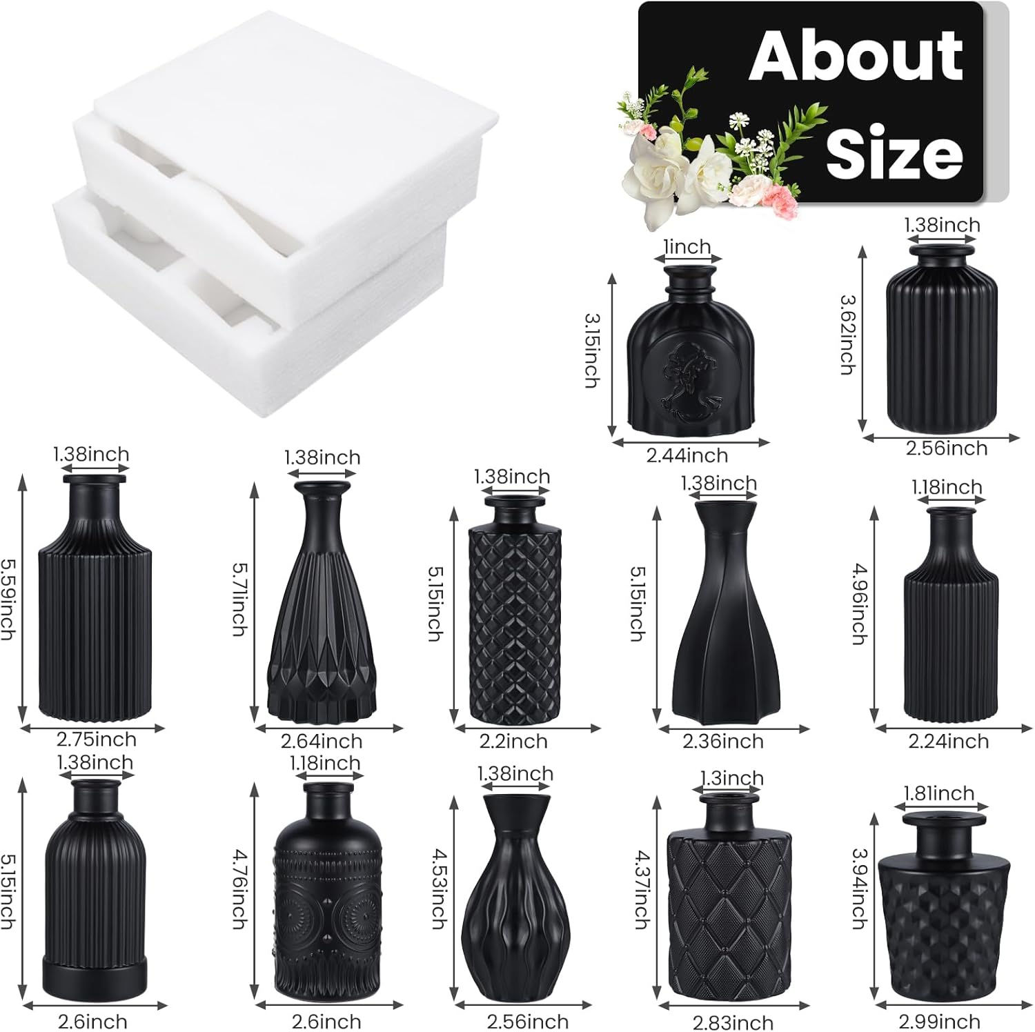 Glass Bud Vases Set / Black / Set of 12