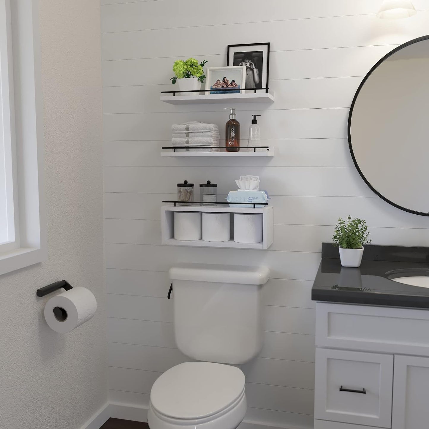 Floating Shelves for Wall with Cube Shelf, Wall Shelves with Metal Rail for Decor, Bathroom Organizers and Storage