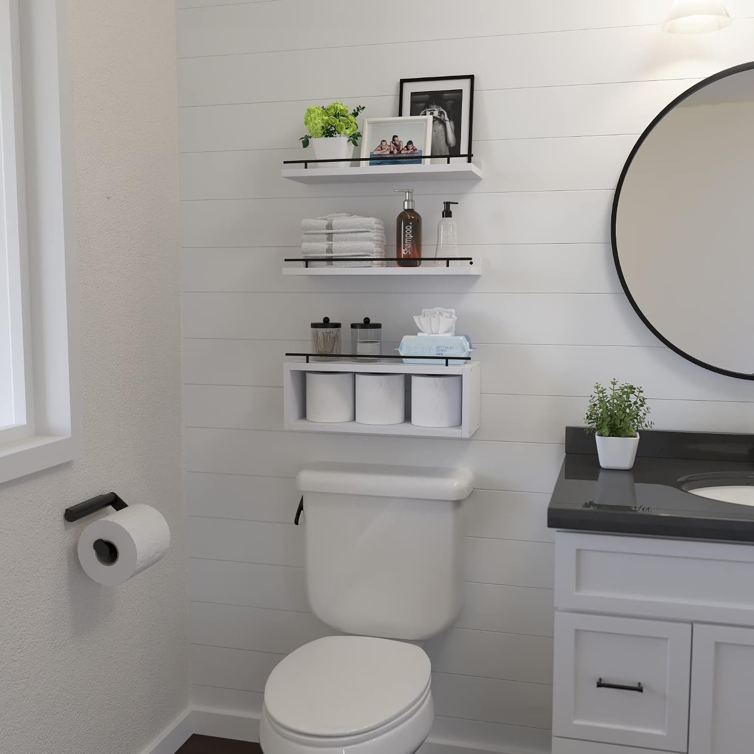 Floating Shelves for Wall with Cube Shelf, Wall Shelves with Metal Rail for Decor, Bathroom Organizers and Storage