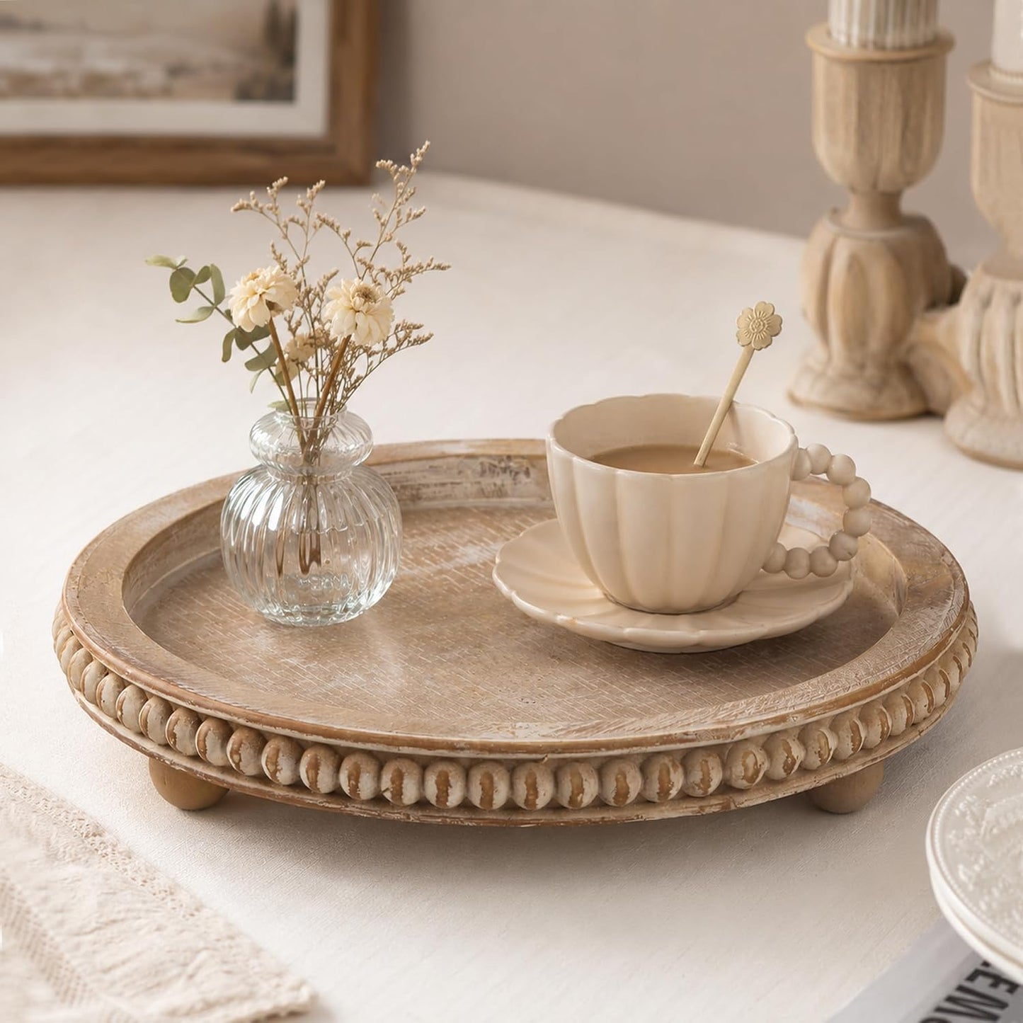 Natural Wood Beaded Tray / Brown / Round