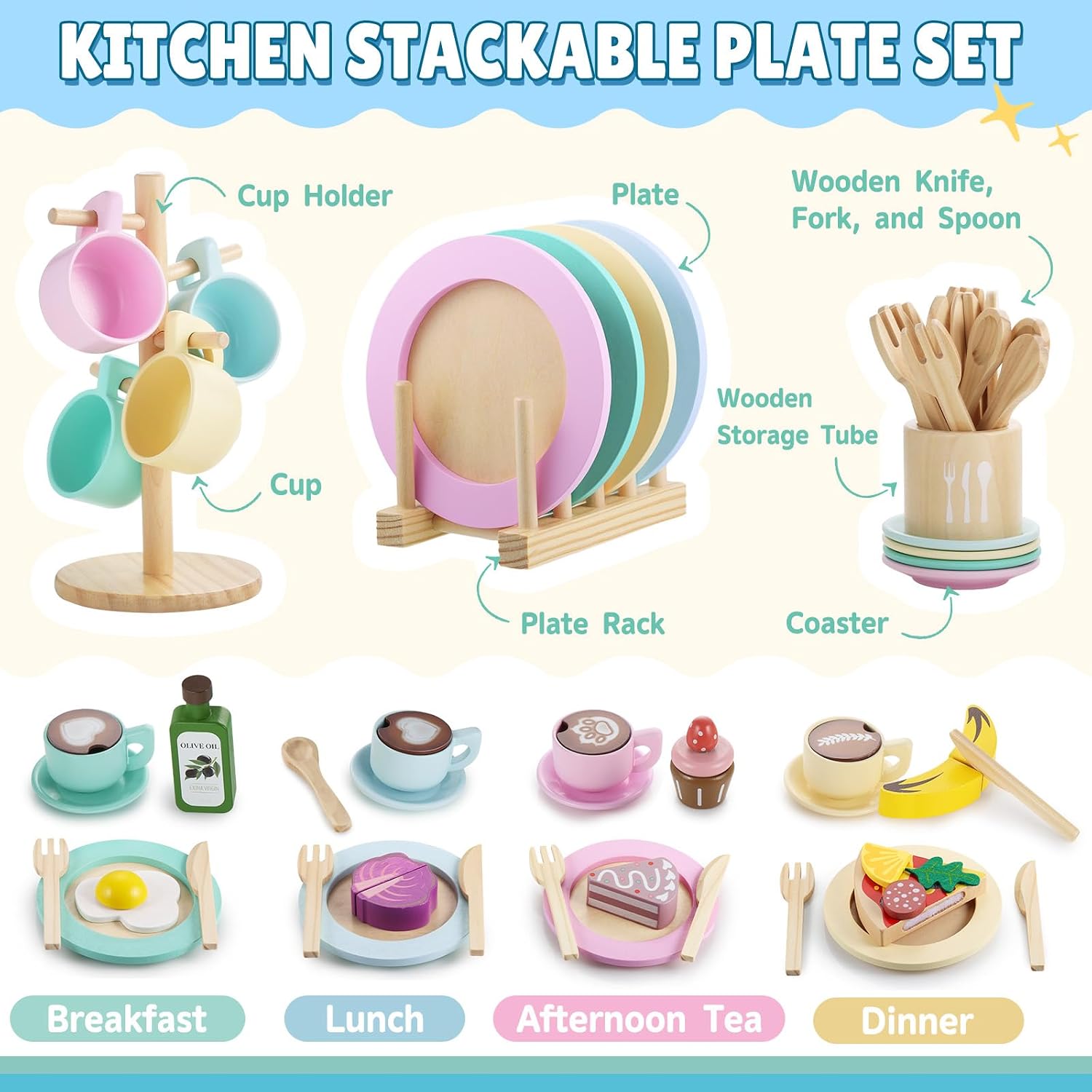 Storage Stand & / Kids Wooden Play Dishes Set / Macaron Colors with Stands-2 / Set of 27