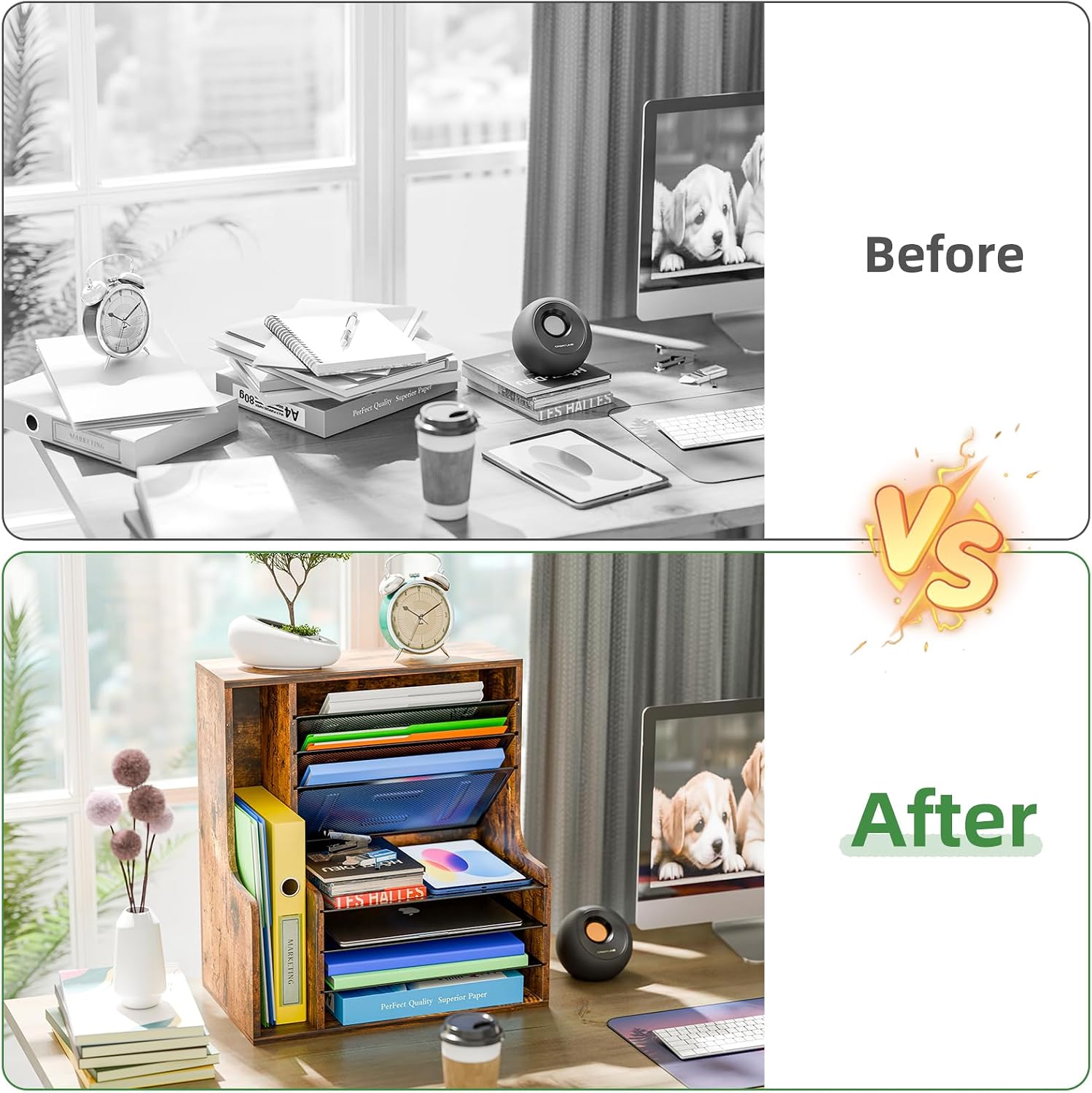 Simple Trending 7- Tier Desk File Organizer, Paper Organizer, Rustic Brown | Adjustable Letter Trays, Wooden Desk