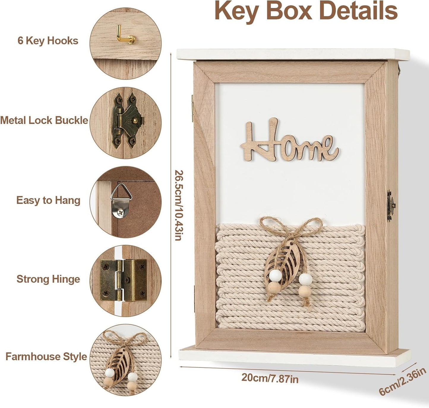 Rustic Wooden Key Holder Wall Mount Key Box / Natural Wood with Jute Rope