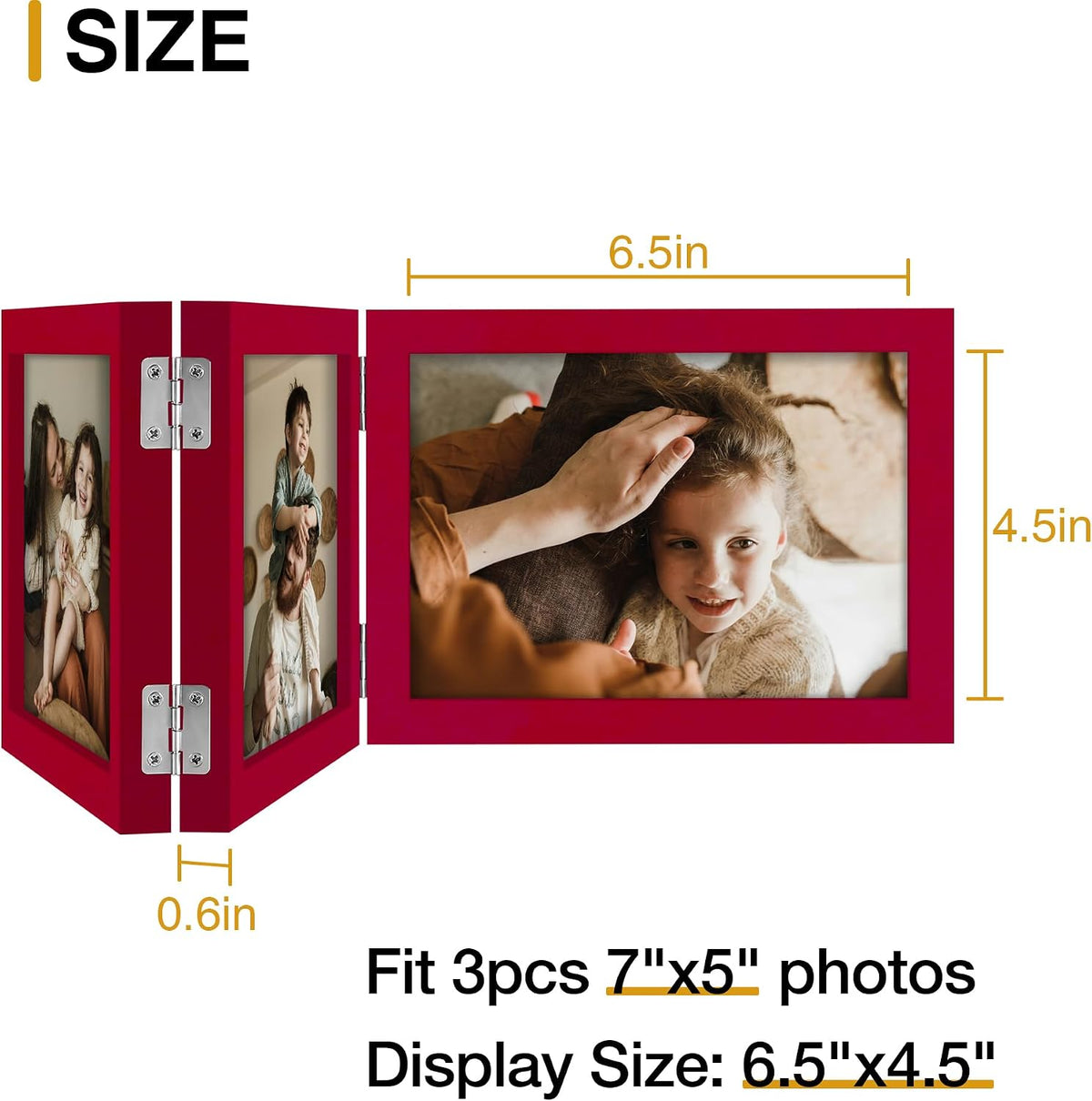 decorUhome Red Triple 7x5 Picture Frame Horizontal, MDRD08 | "Z" Shape Folding Design Engineered Wood Trifold Photo