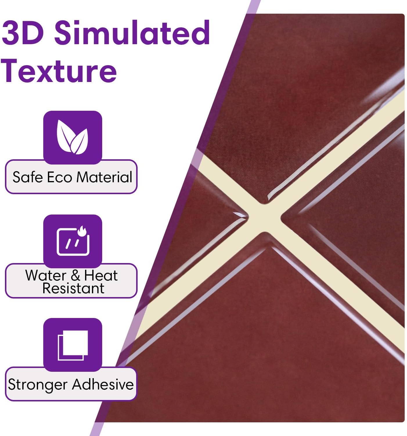 Thicker Dark Peel and Stick Backsplash Tiles- of "-3D Adhesive / ST-SM-A / Red / 12 x 12 / Set of 10