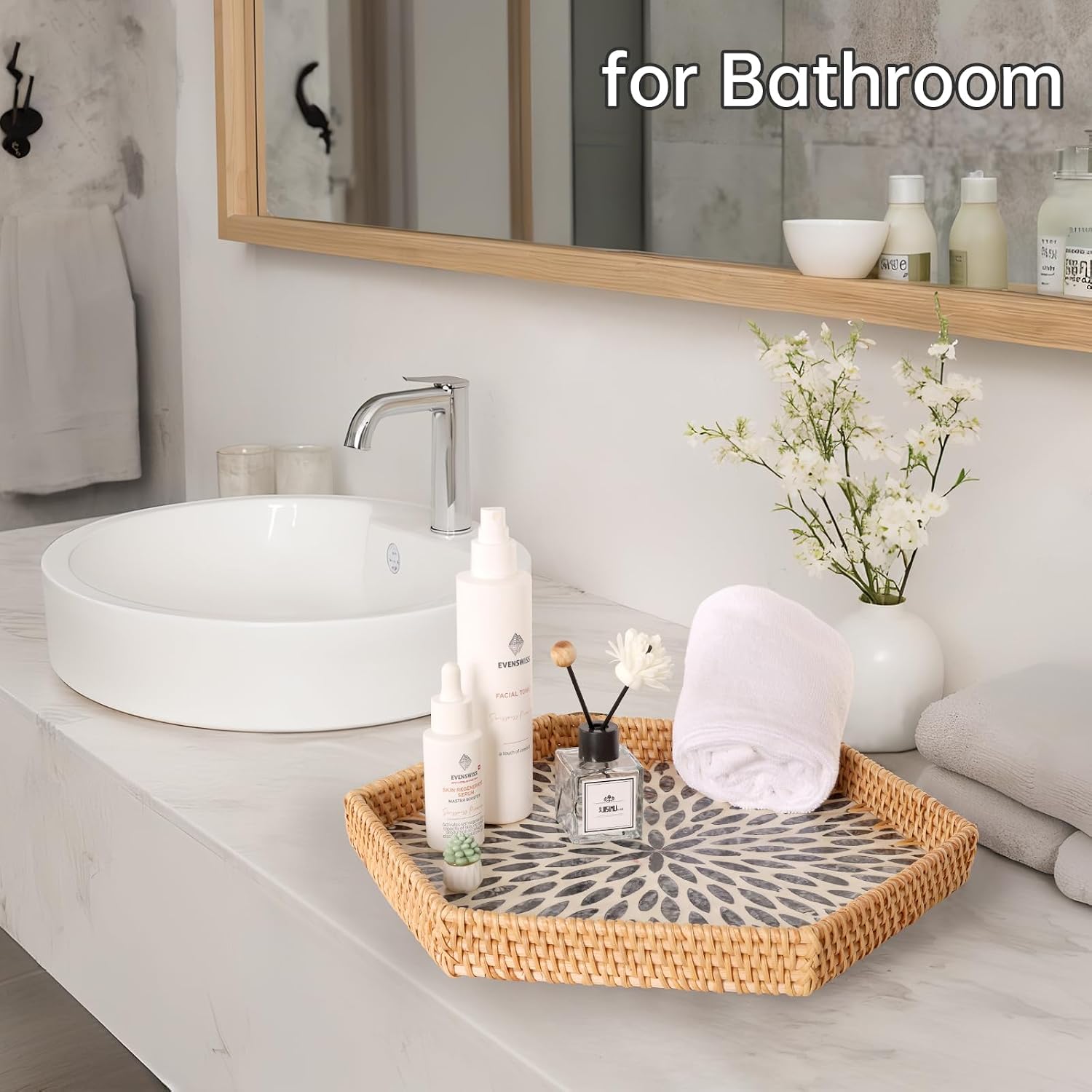 Hexagon Rattan Tray / Black Leaves