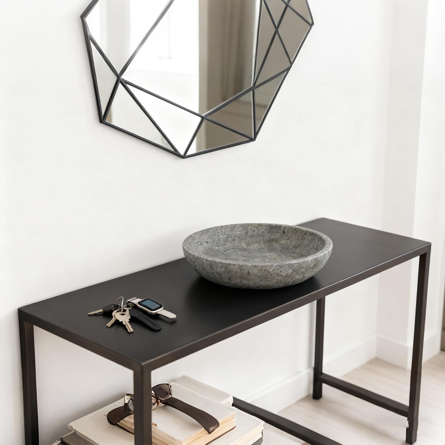 7.8" Modern Natural Stone Centerpiece for Industrial Home Decor / Silver-gray