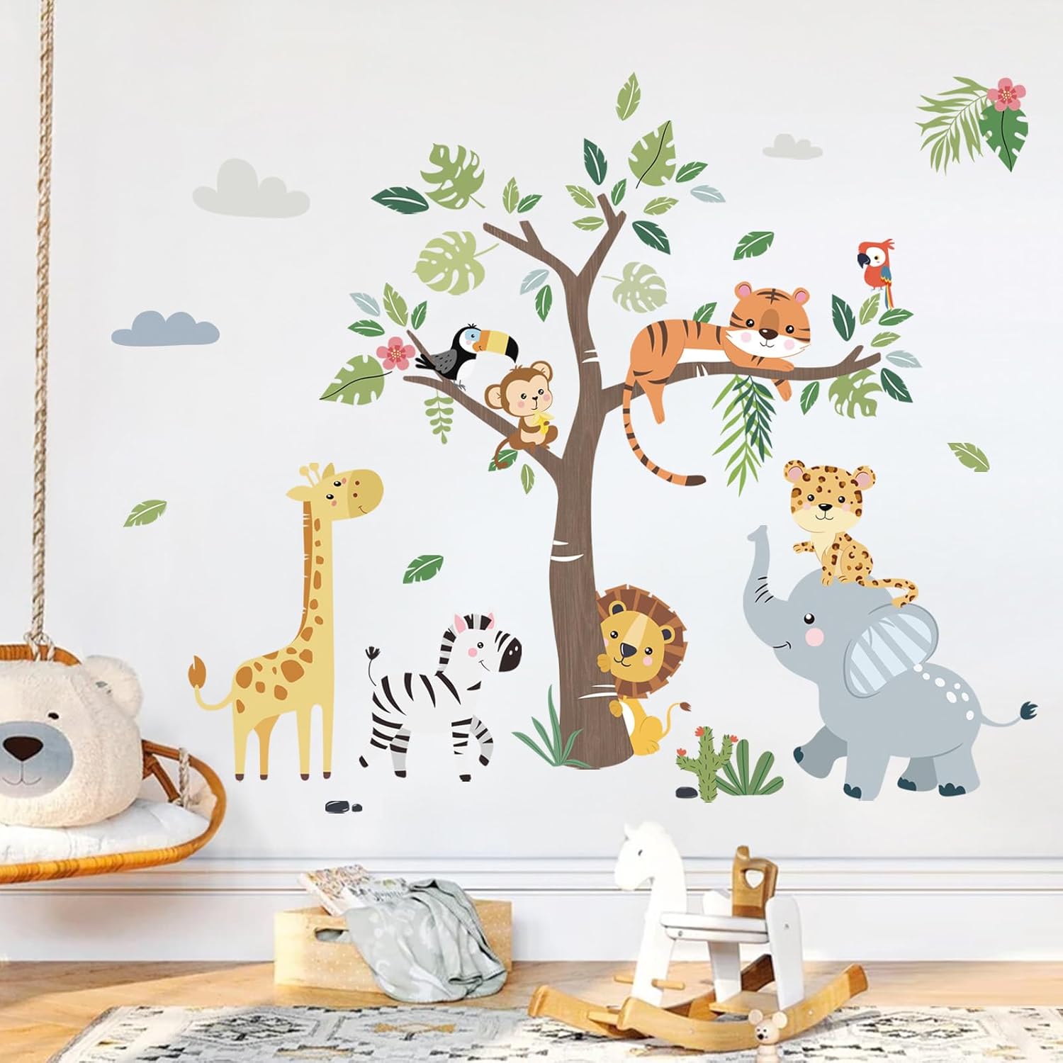 Jungle Animals Tree Wall Decals Elephant Giraffe Lion Safari Wall Stickers Baby Nursery Kids / C