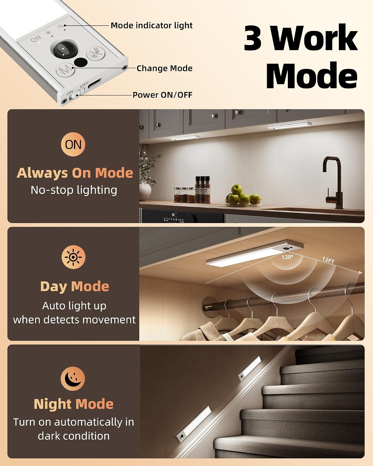 EZVALO 12inch Under Cabinet Lighting, 2 Pack 3100mAh Rechargeable Motion Sensor Light Indoor with 3 Color Temperatures