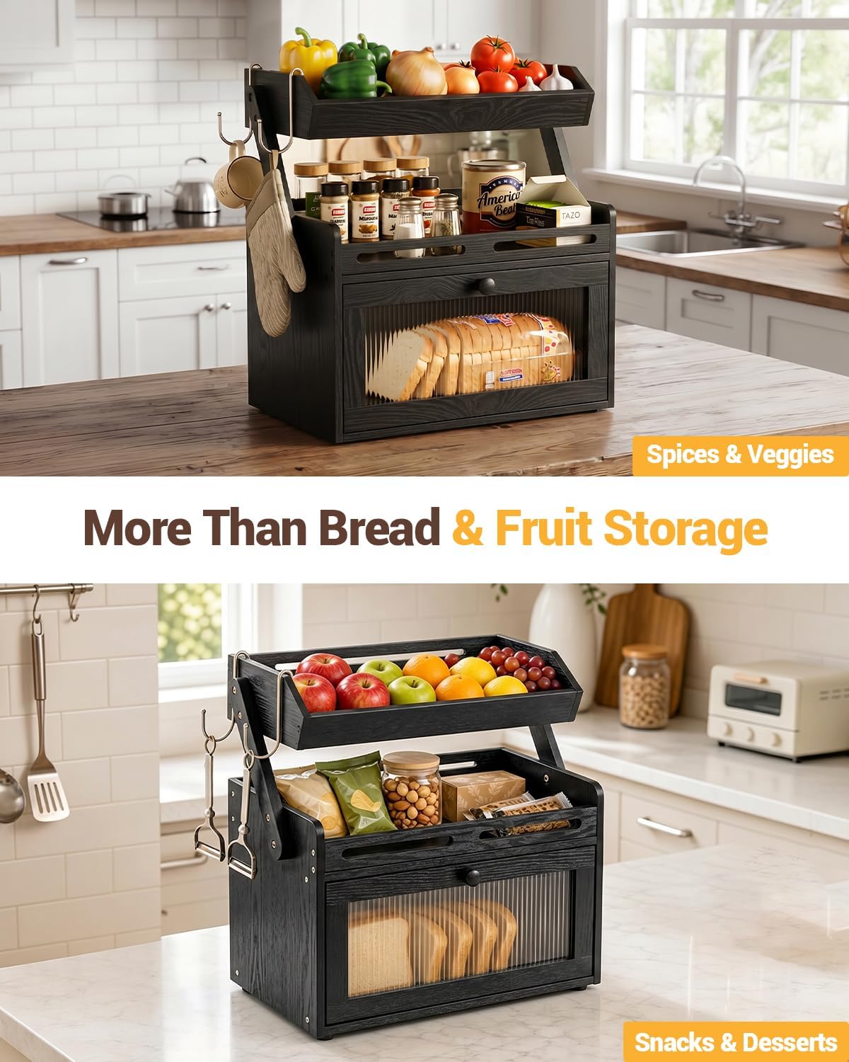 Bread Box for Kitchen Countertop, Bamboo Bread Storage with Fruit Basket | Black Large Bread Container, Raised-Rail