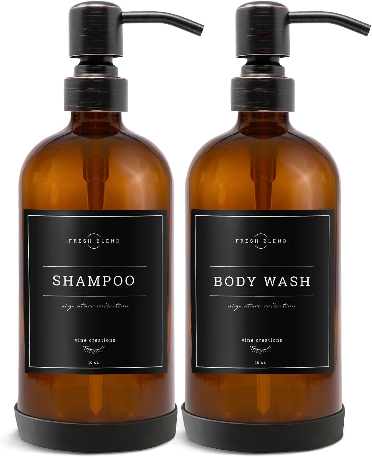 Vine Creations Amber Glass Soap Dispenser, 2 Pack Kitchen Soap Dispenser Set with Stainless Steel Pump, 16 oz Dish Soap