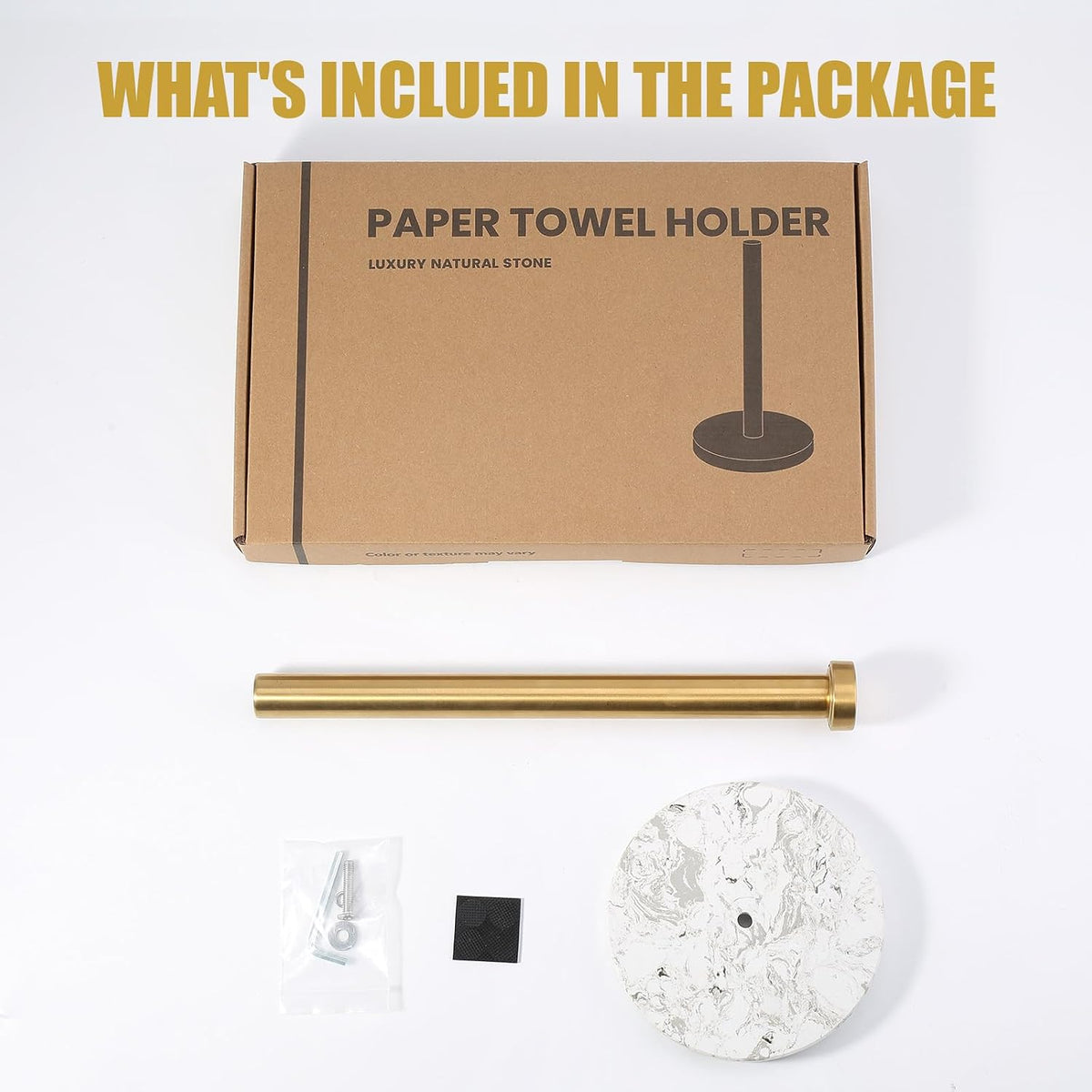Paper Towel Holder Countertop, Marble and Brass Standing Paper Roll Holder, Heavy Stone Paper Towel Holder with 6"