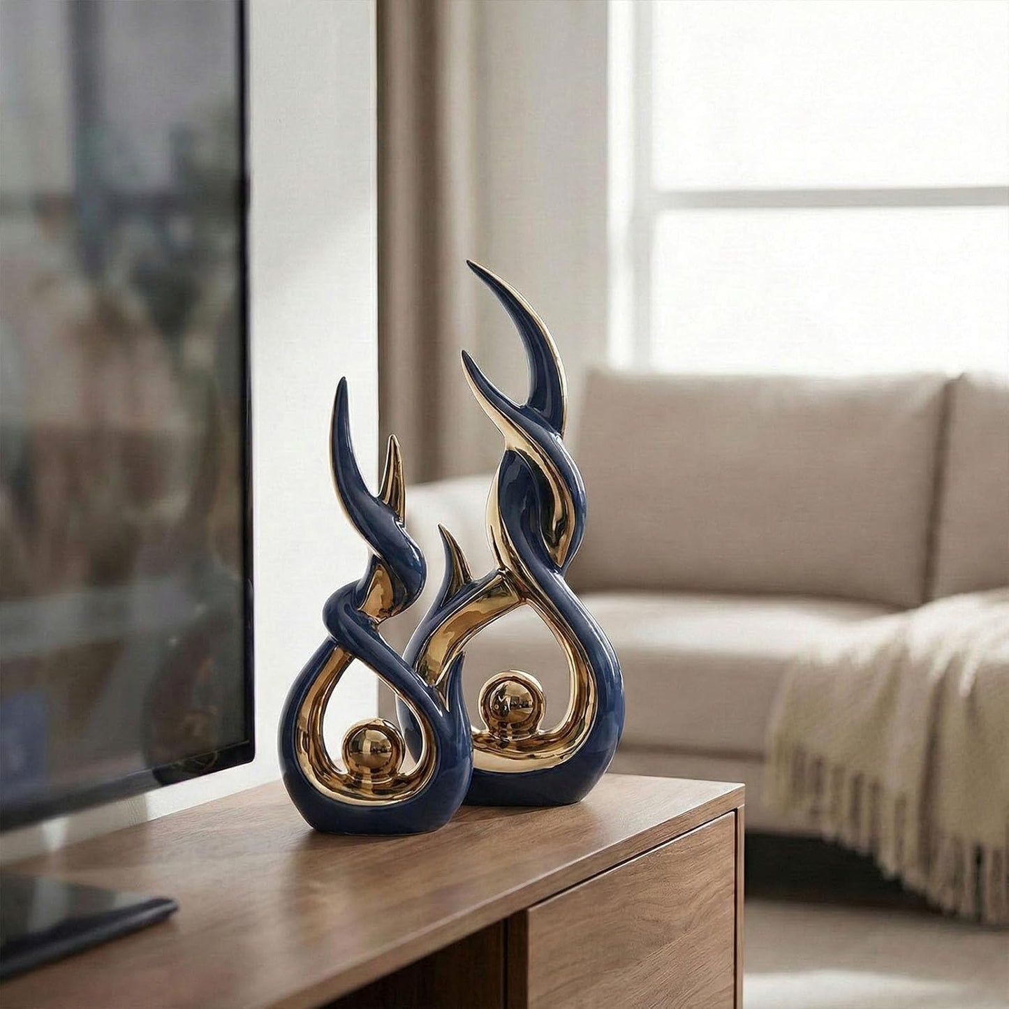 Abstract Ceramic Sculpture Modern Electroplated Figurines Decorative / Blue and Gold / Set of 2