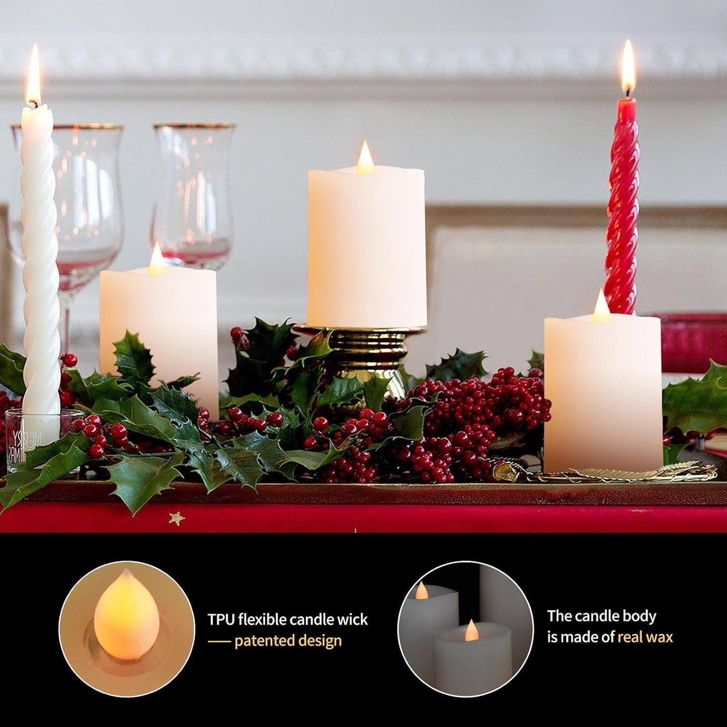 3″x4″ Flickering Flameless Candles Set of 3, 2AA Battery Life 600 Hours Battery Candles Flickering with Timer,4 inch