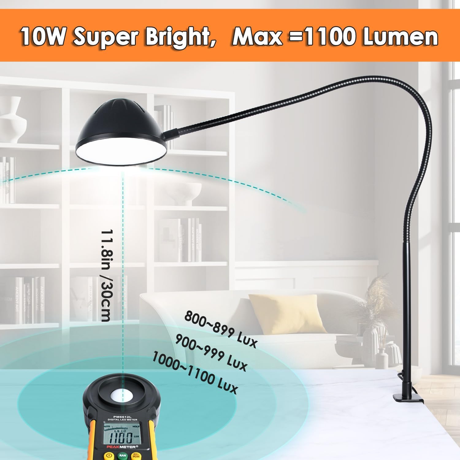 Long Gooseneck Clamp Lamp, Clip Desk Lamp with Clamp, 10W, 1100 LMS, 3 Color Modes, 10 Brightness Levels, 31 Inches