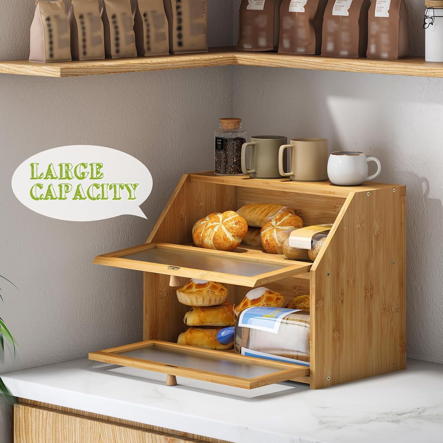BMOSU Large Bread Box for Kitchen Countertop,Double Layer Bread Box for Kitchen Counter,Bamboo Wood Bread box Capacity