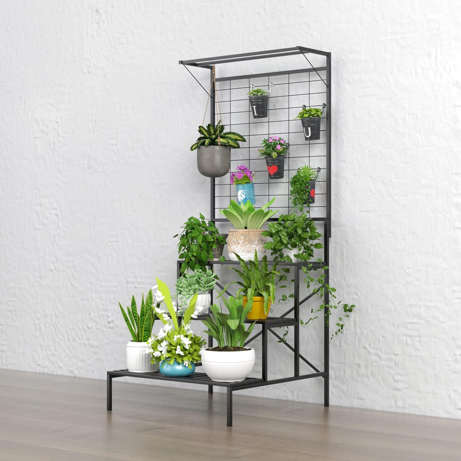 Zhongma 3 Tier Large Heavy Duty Plant Stand with Hanging Plant pot shelf, 35.43 x 33.27 x 78.74, Tall multi layer Plant