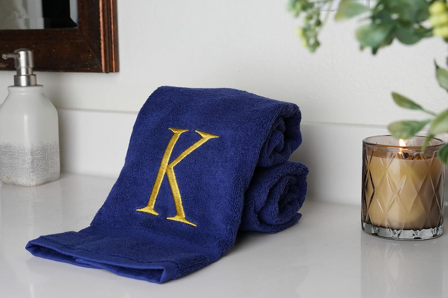 Navy with Gold Monogrammed Hand Towels for Bathroom - Set of 2 Letter K | Luxury Hotel Quality Initial Towels For
