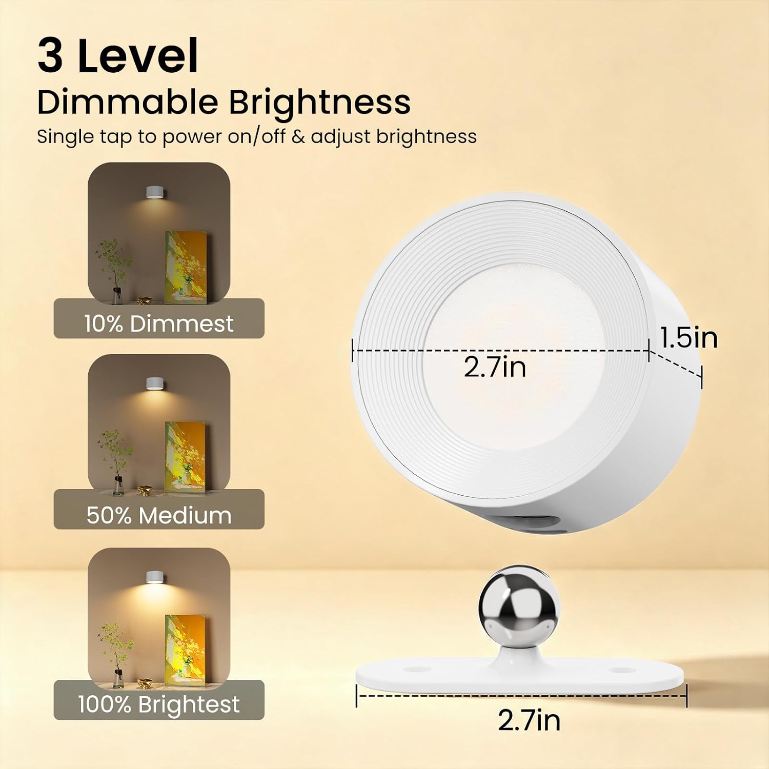 Koopala 2PACK LED Wall Lamps with Rechargeable Battery Operated, Wall Mounted Lights with 3 Brightness 3 Color Temp