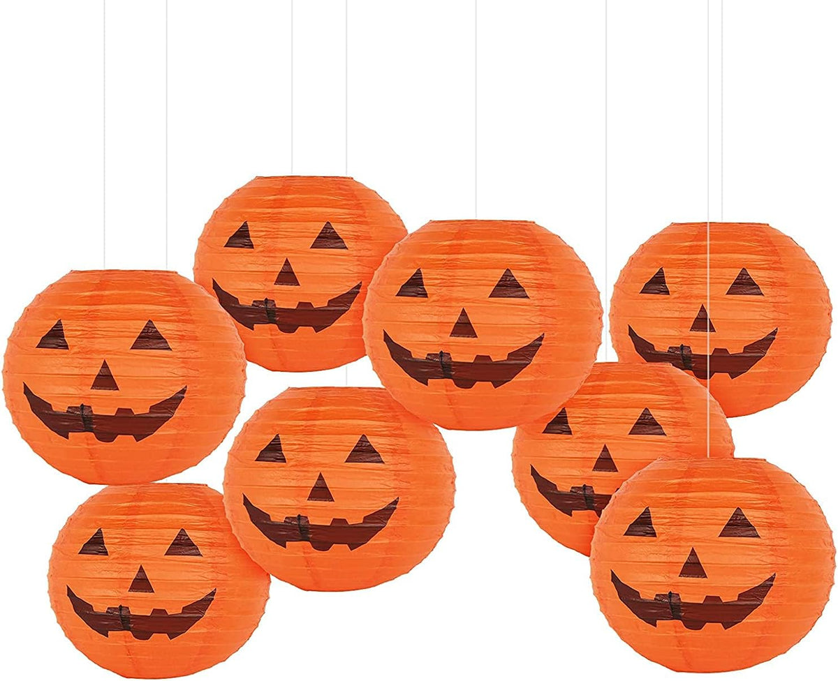KESOTO 12 Inch Halloween Paper Pumpkin Lanterns Jack-O-Lanterns Hanging Halloween Decorations Outdoor Indoor Party Decorations, Pack of 8